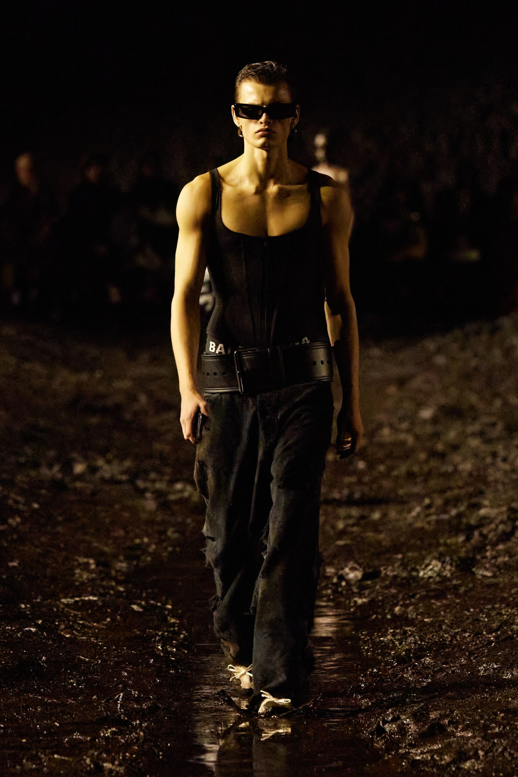 black bodysuit and relaxed pants