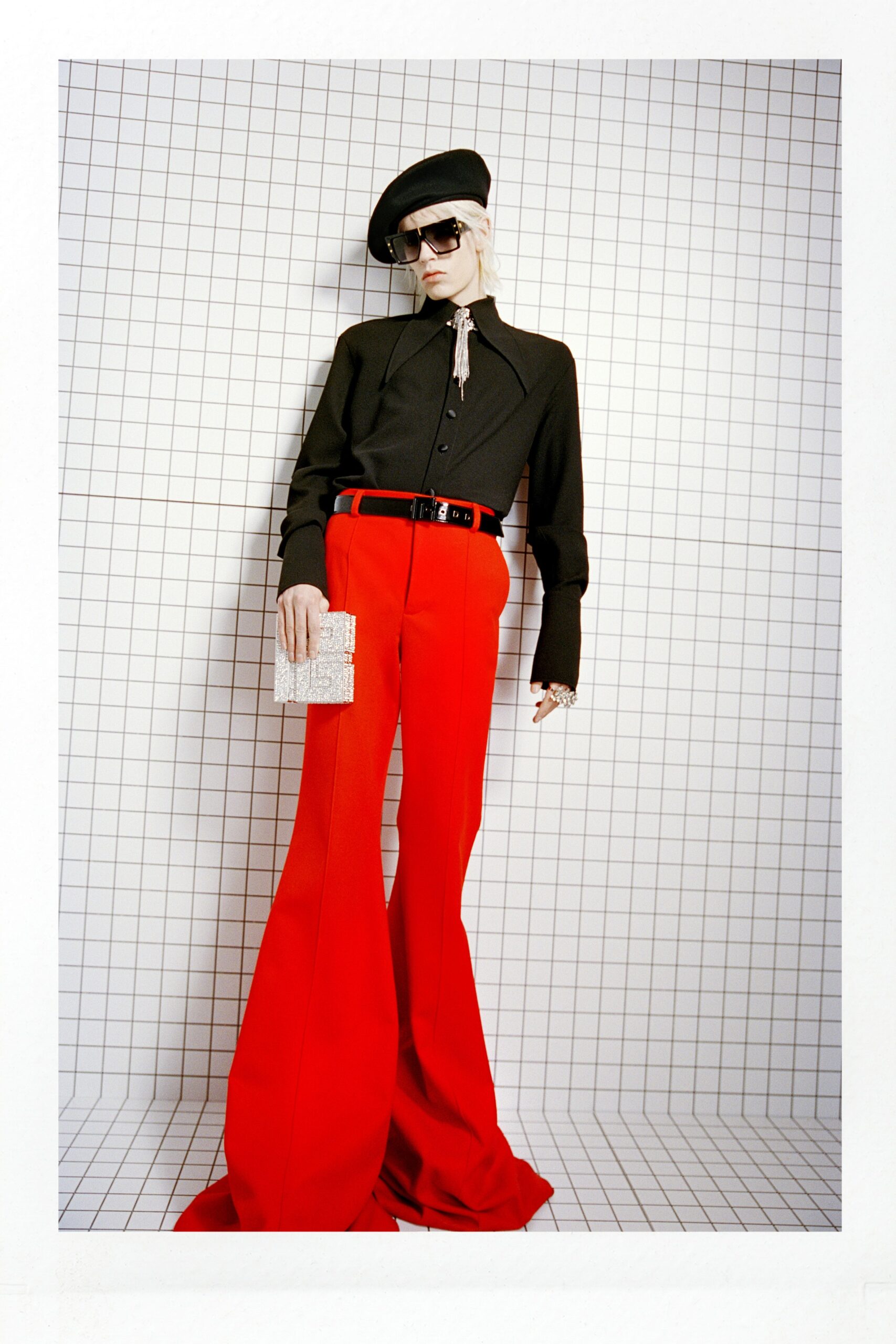 red cotton fitted high-waisted flared pants