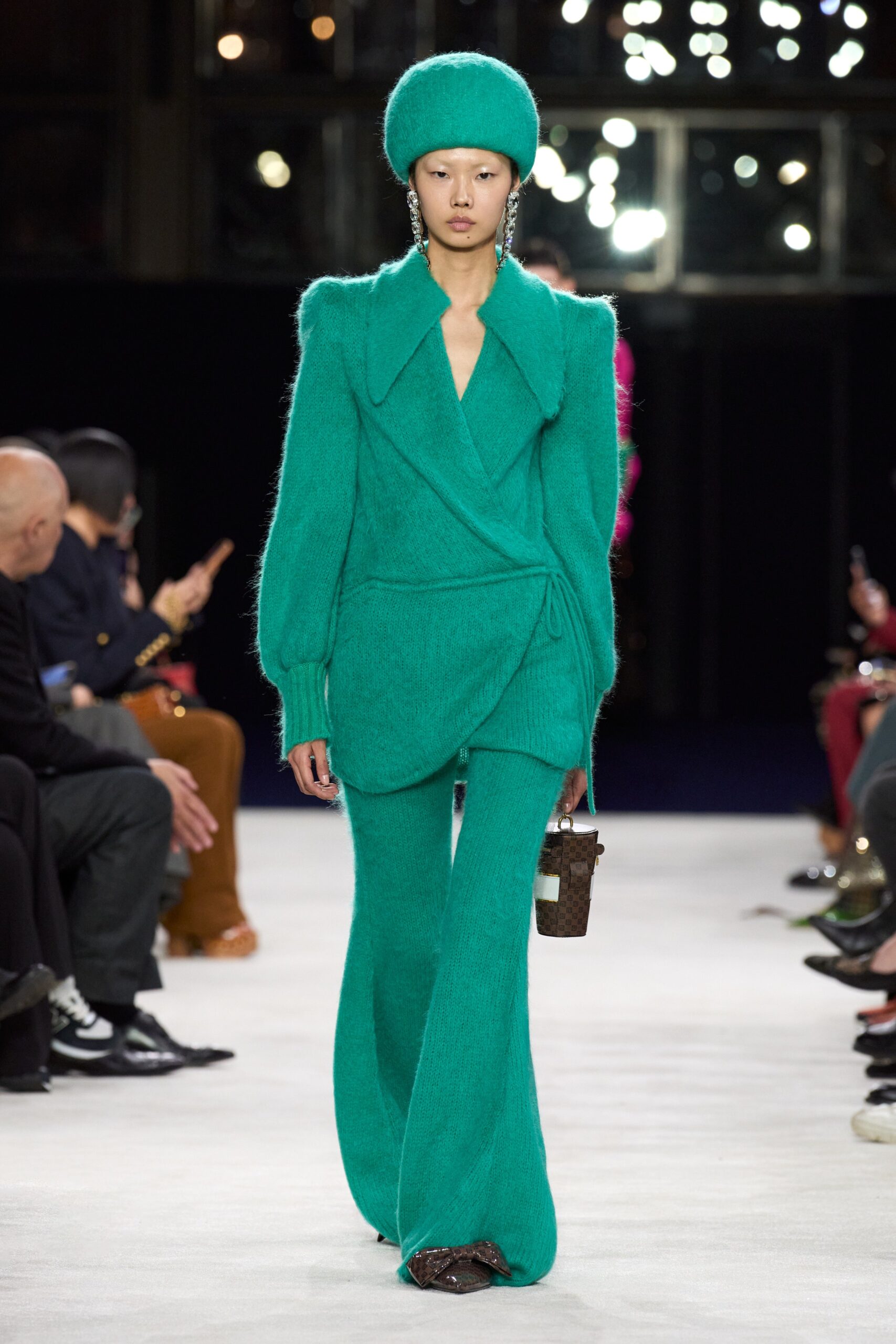 green wool long-sleeve v-neck fitted flared suit