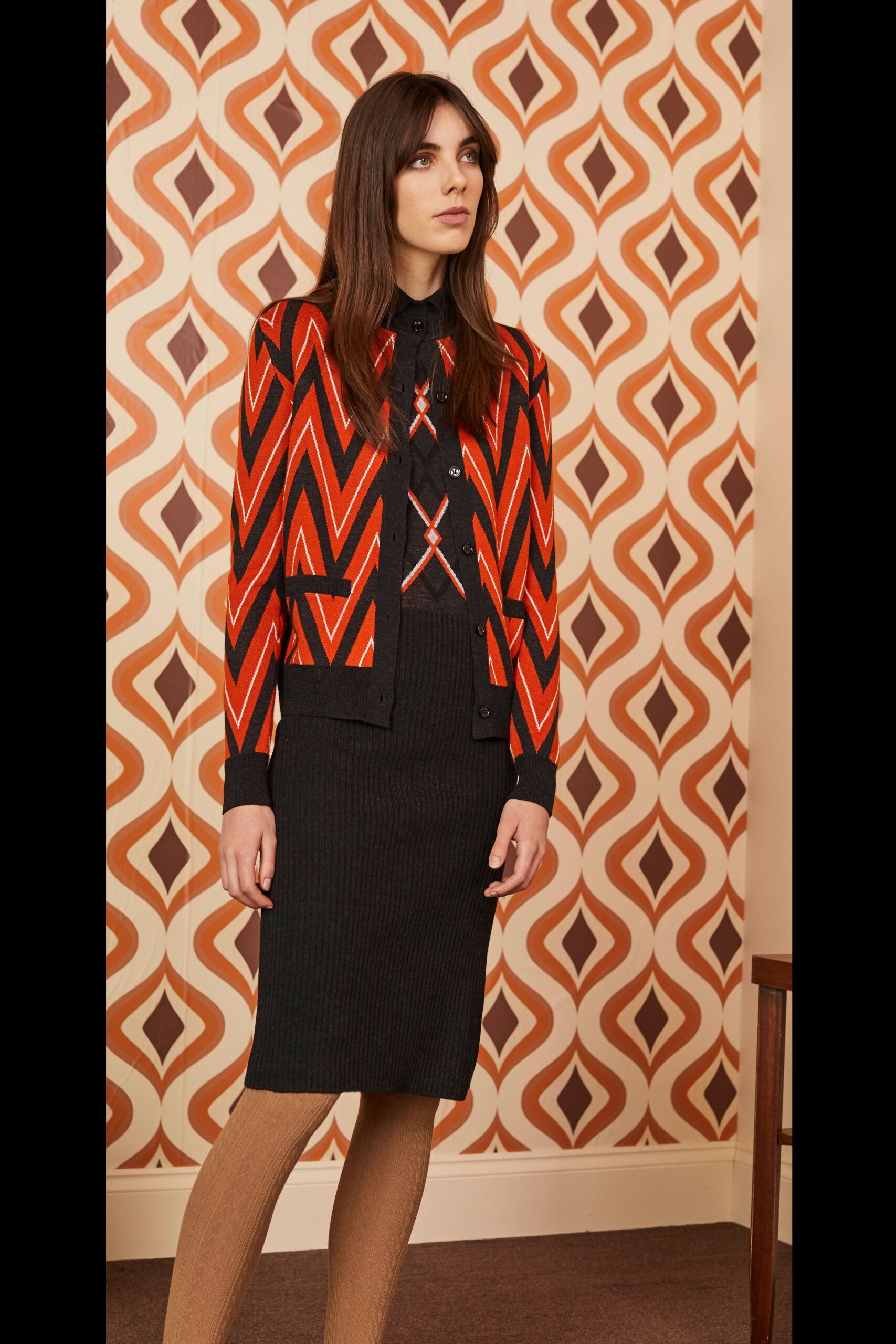 printed cardigan and pencil skirt