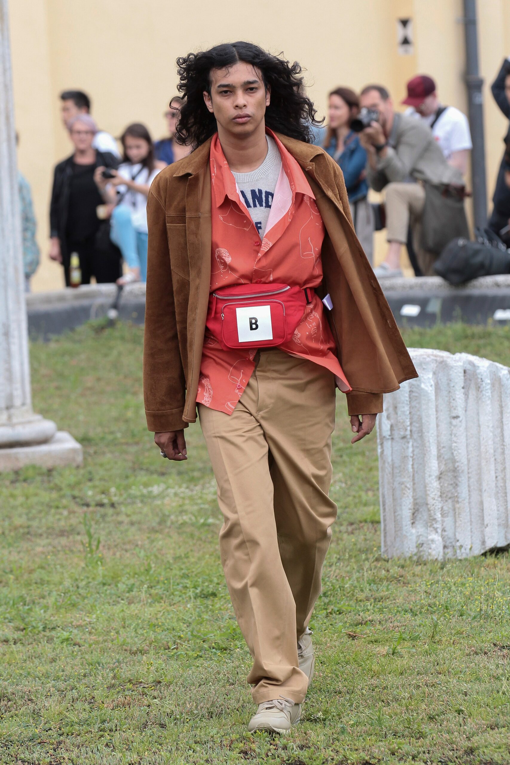 brown suede jacket with red shirt