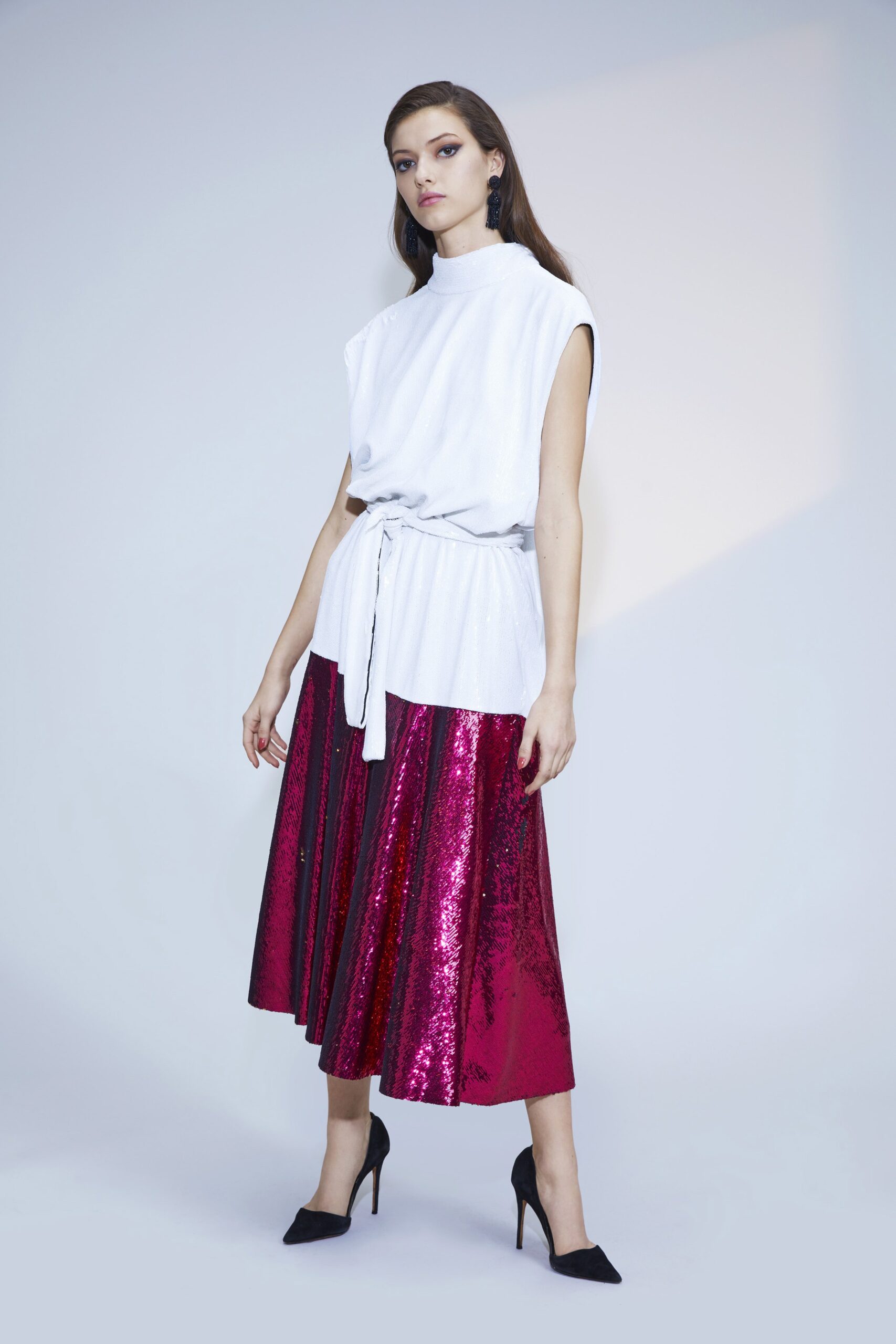 red silk fitted pleated shiny midi skirt