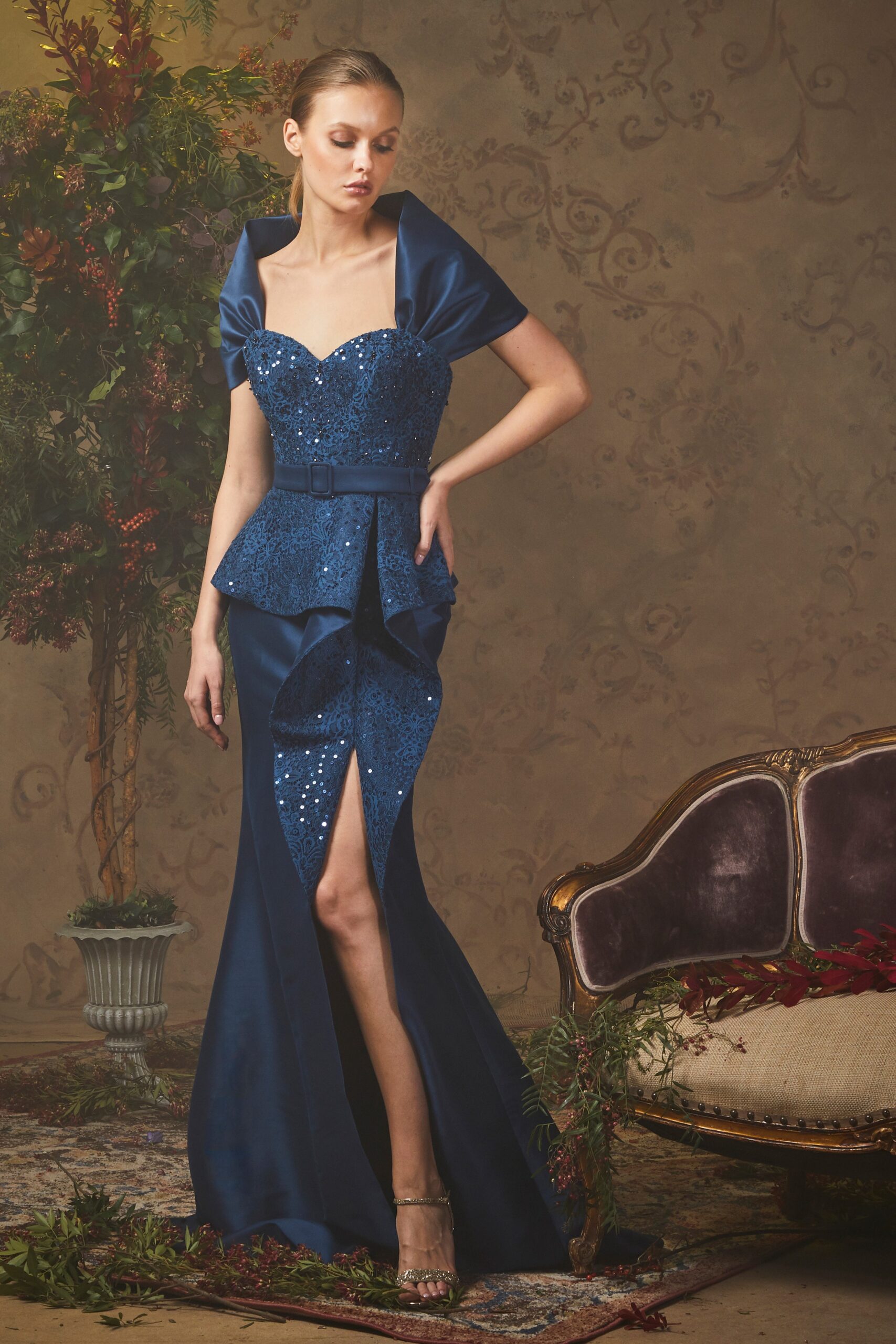 blue sequin off-shoulder gown