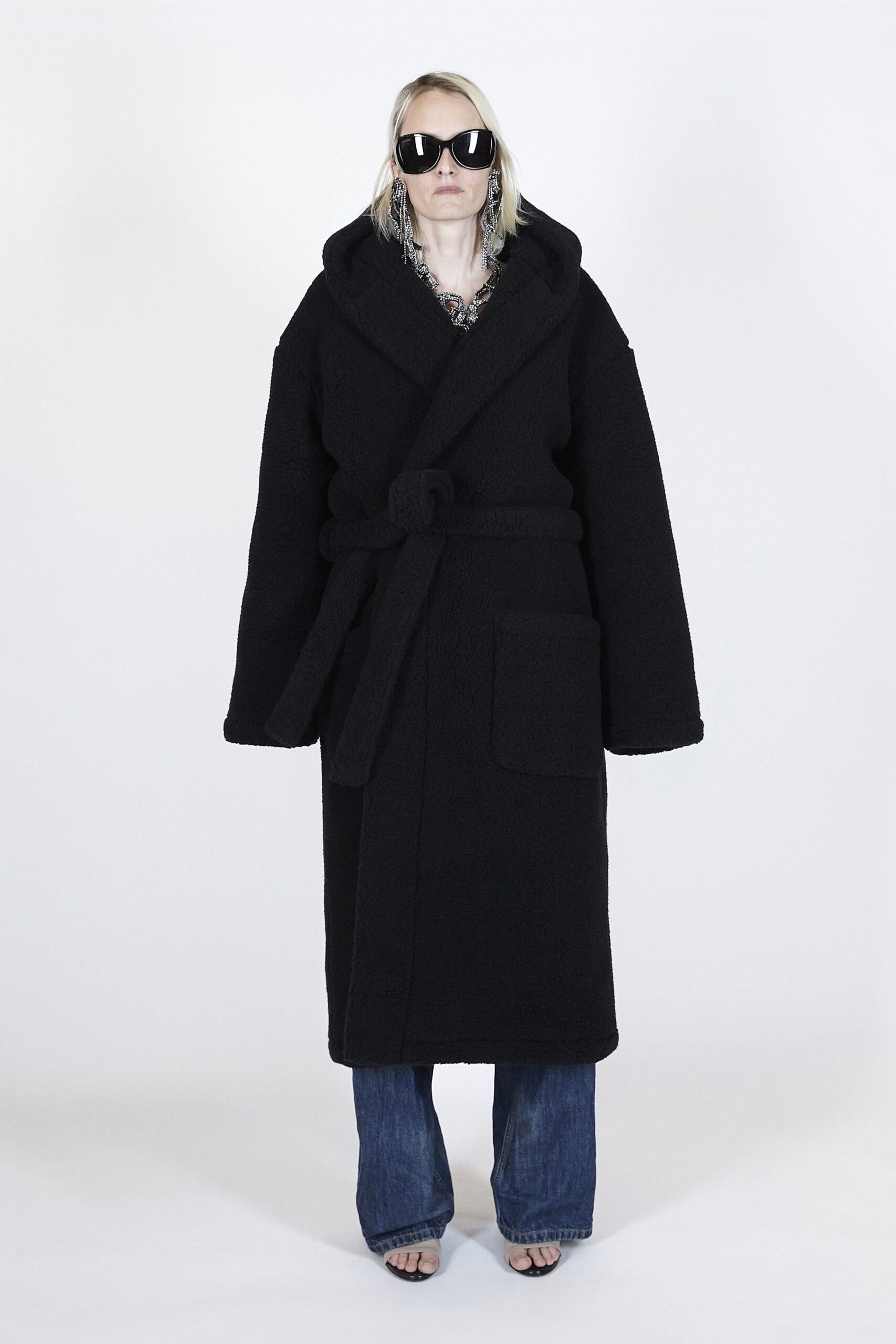 black wool long-sleeve collared oversized belted pockets coat