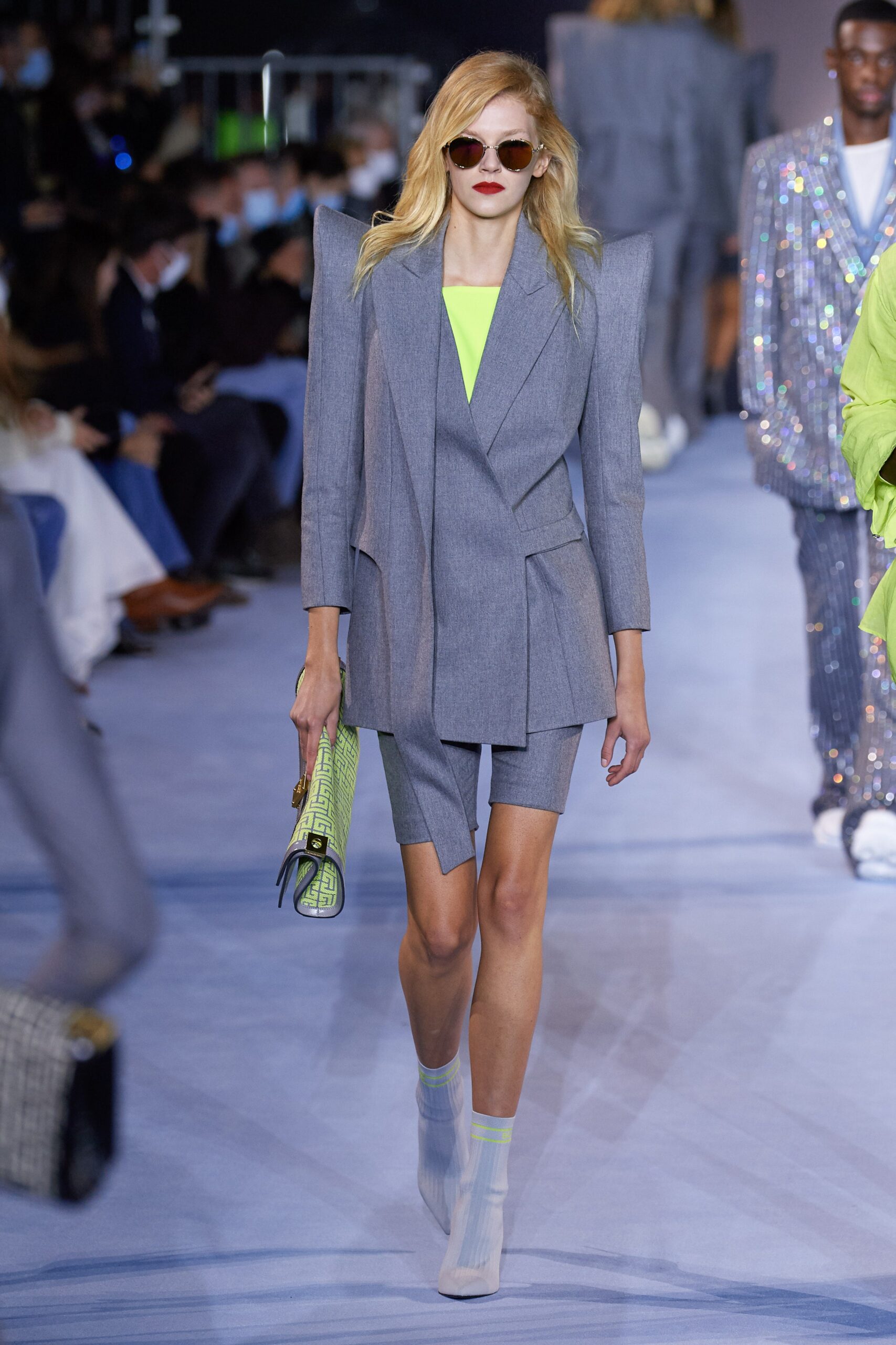 gray structured blazer with neon top