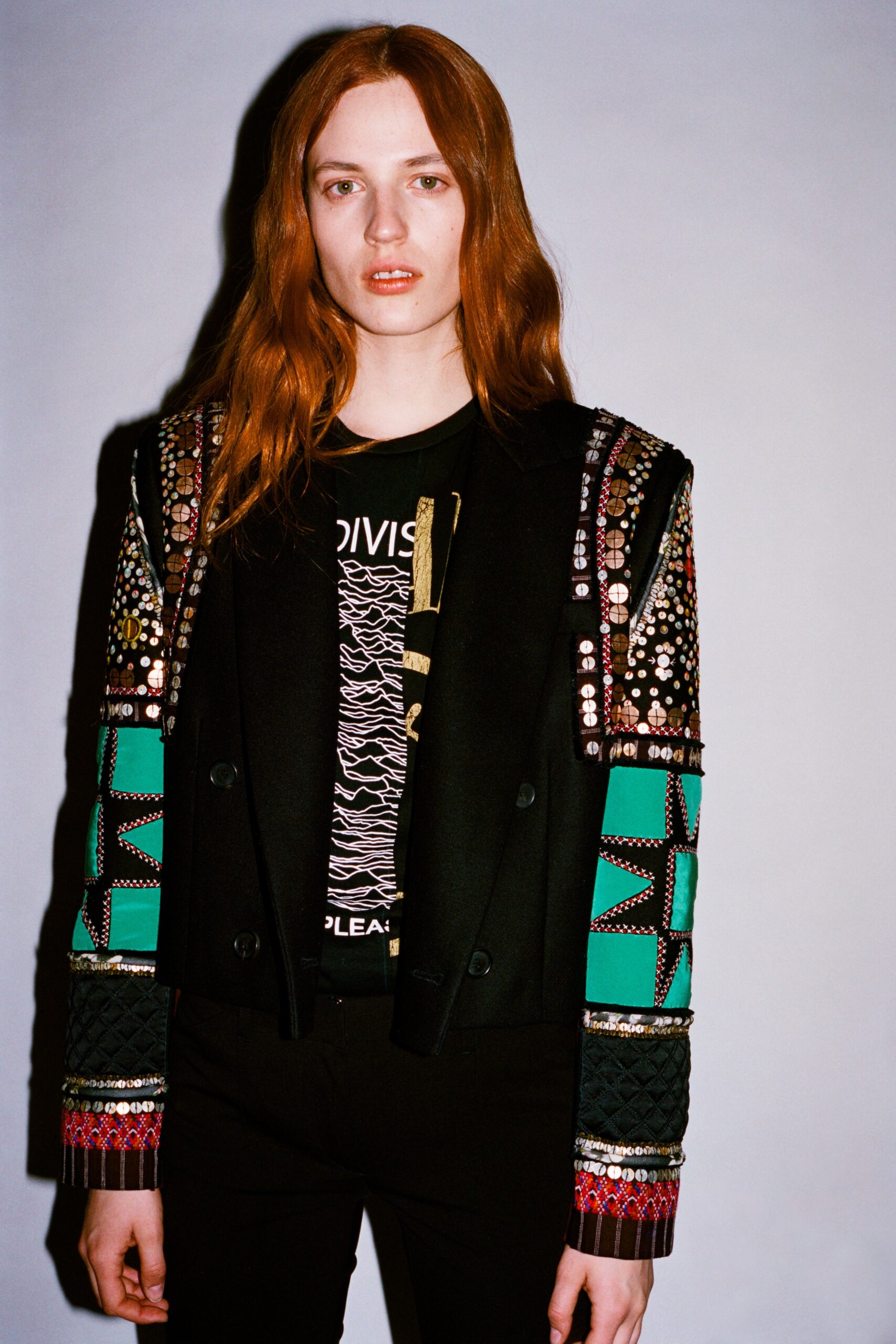 black embroidered jacket with t-shirt
