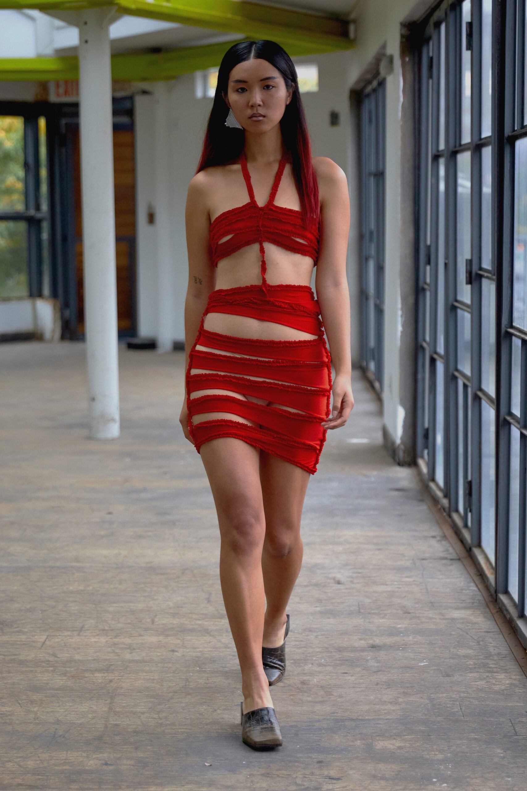 fitted red halter mini dress