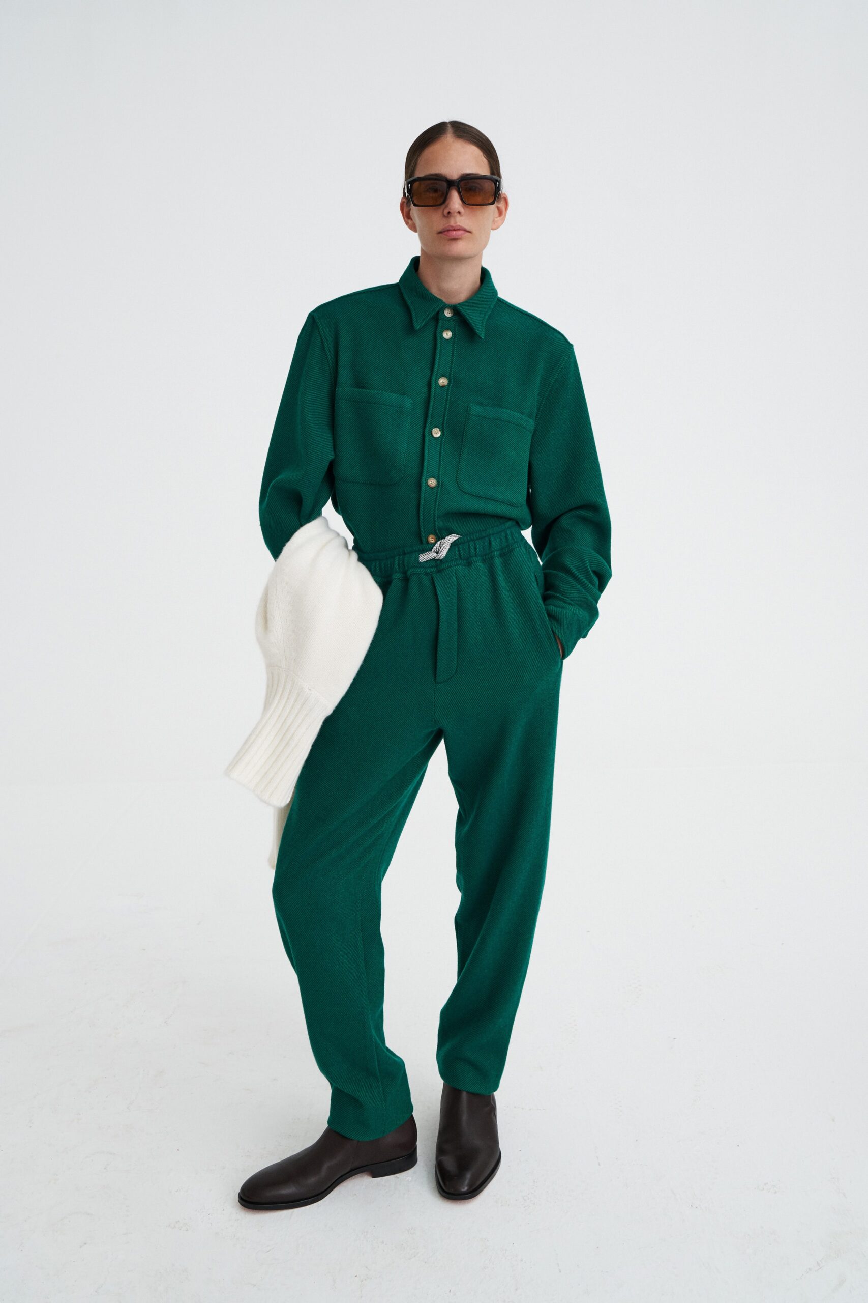 green wool relaxed high-waisted pleated pants