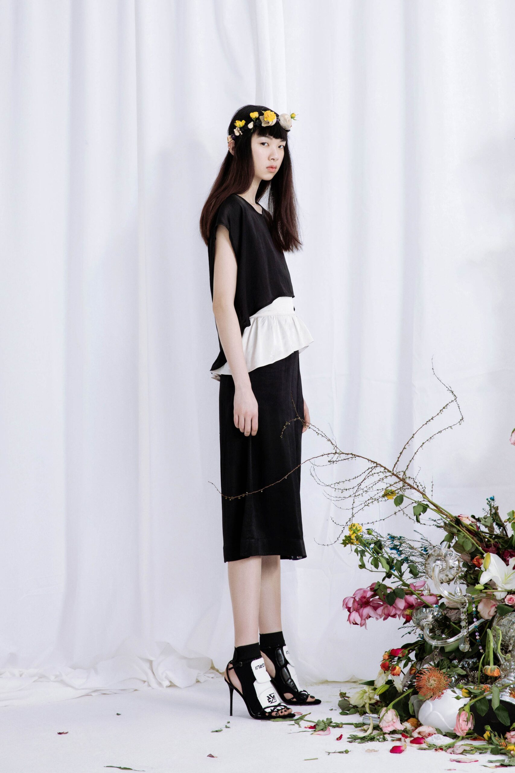 black and white layered midi dress