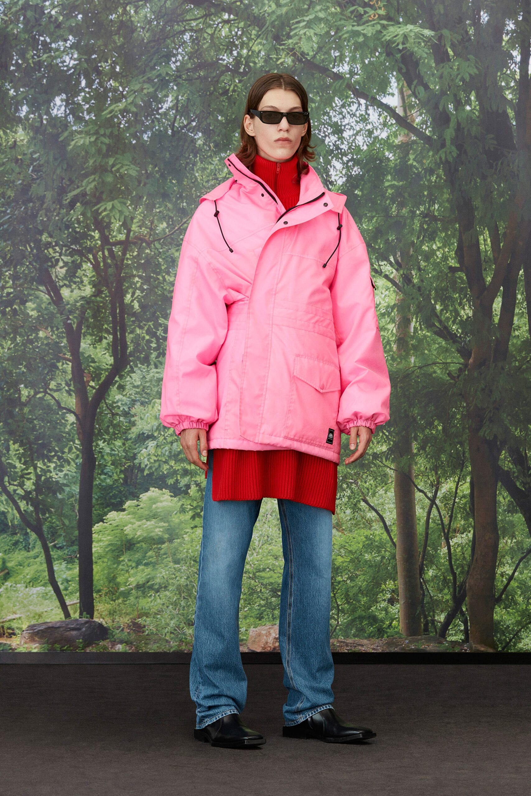 pink oversized jacket with red dress