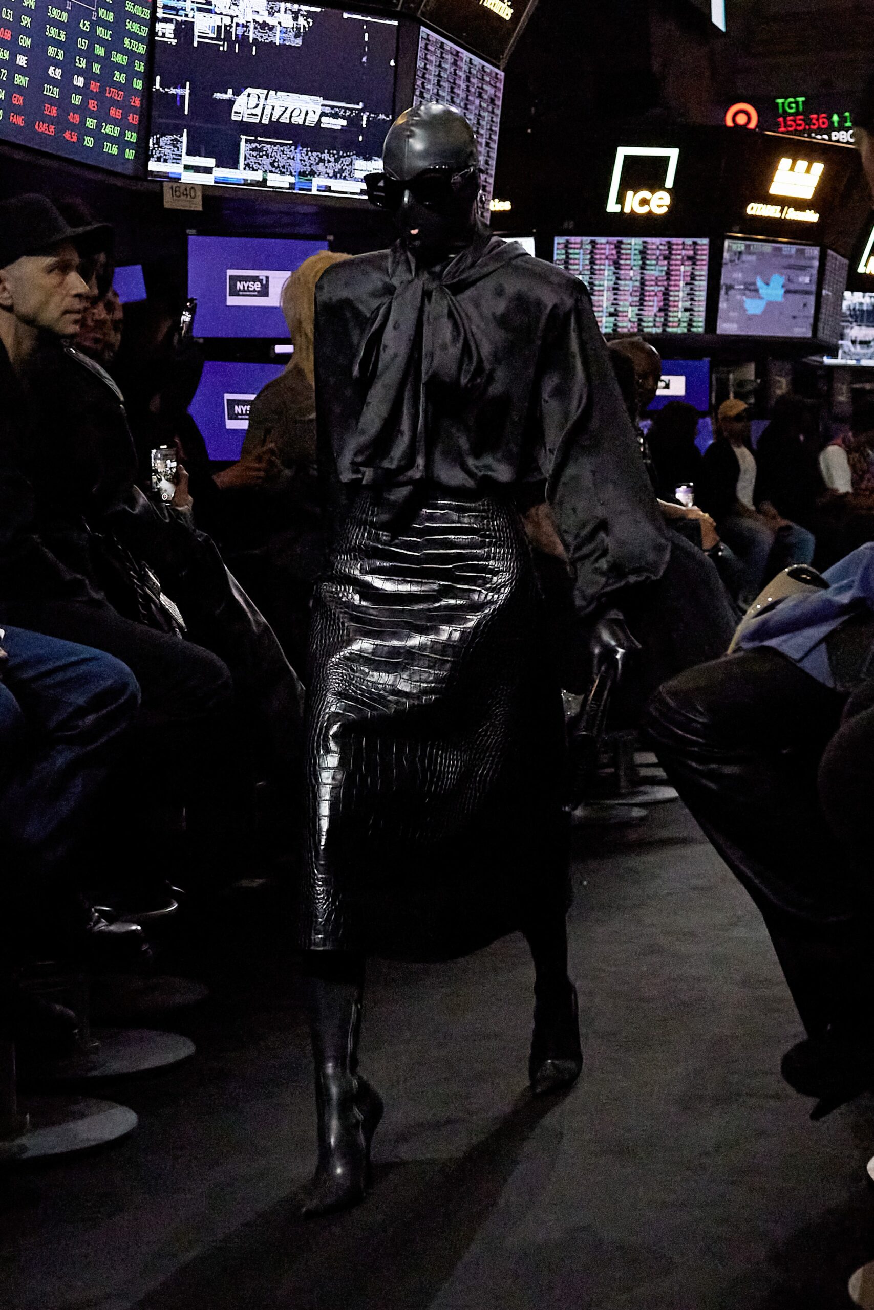 black silk blouse and leather skirt