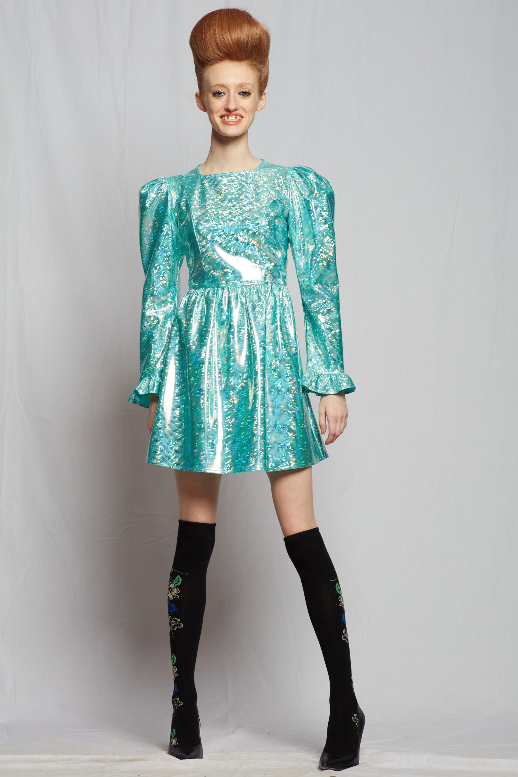 blue satin mini dress with puffed sleeves