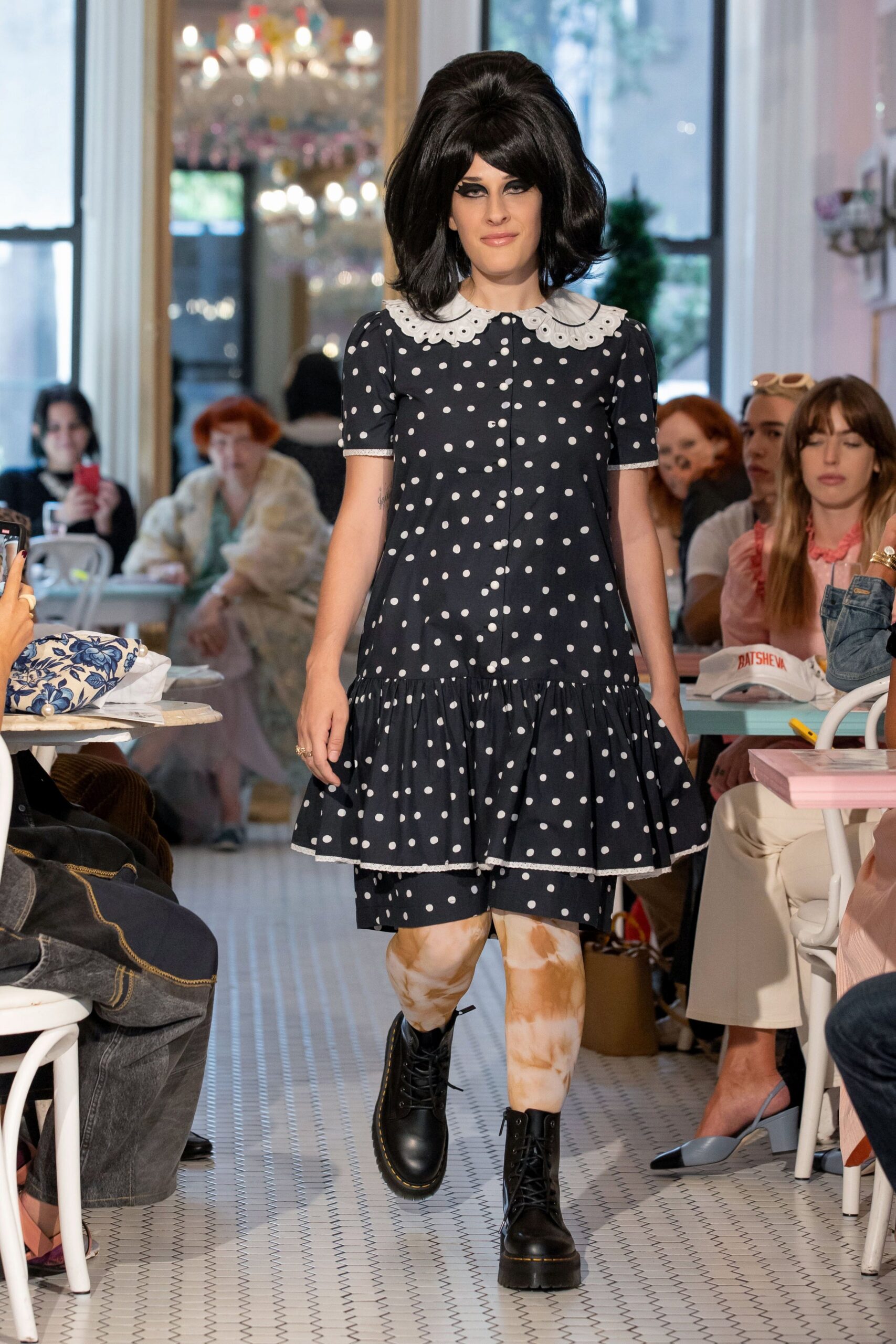 navy polka-dot mini dress with boots