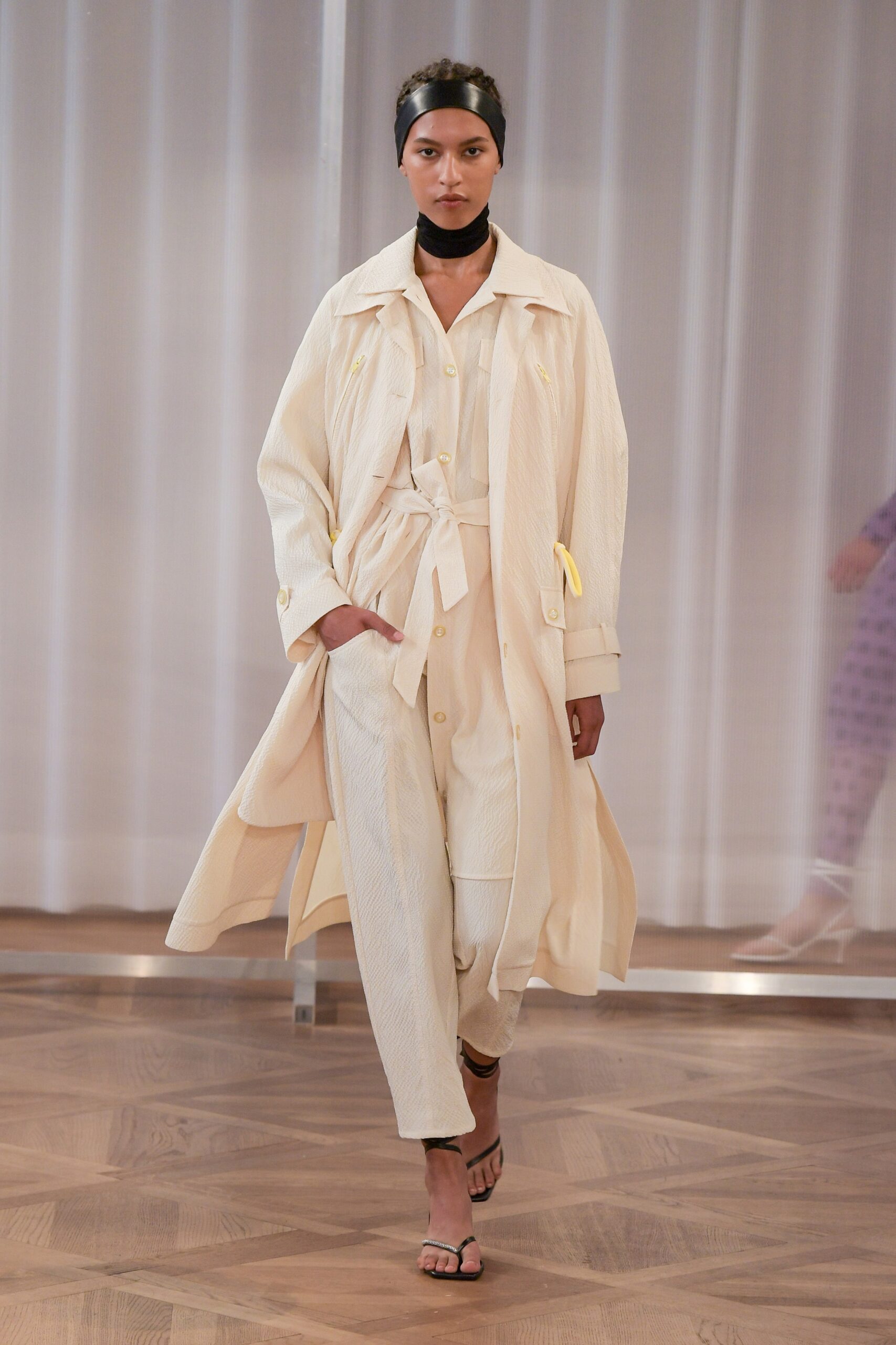 white relaxed coat with shirt and pants