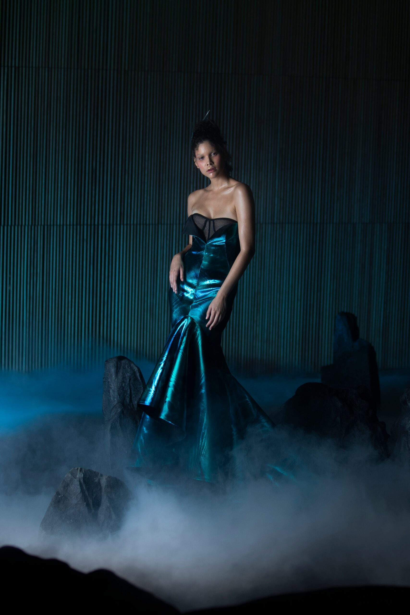 teal satin strapless gown