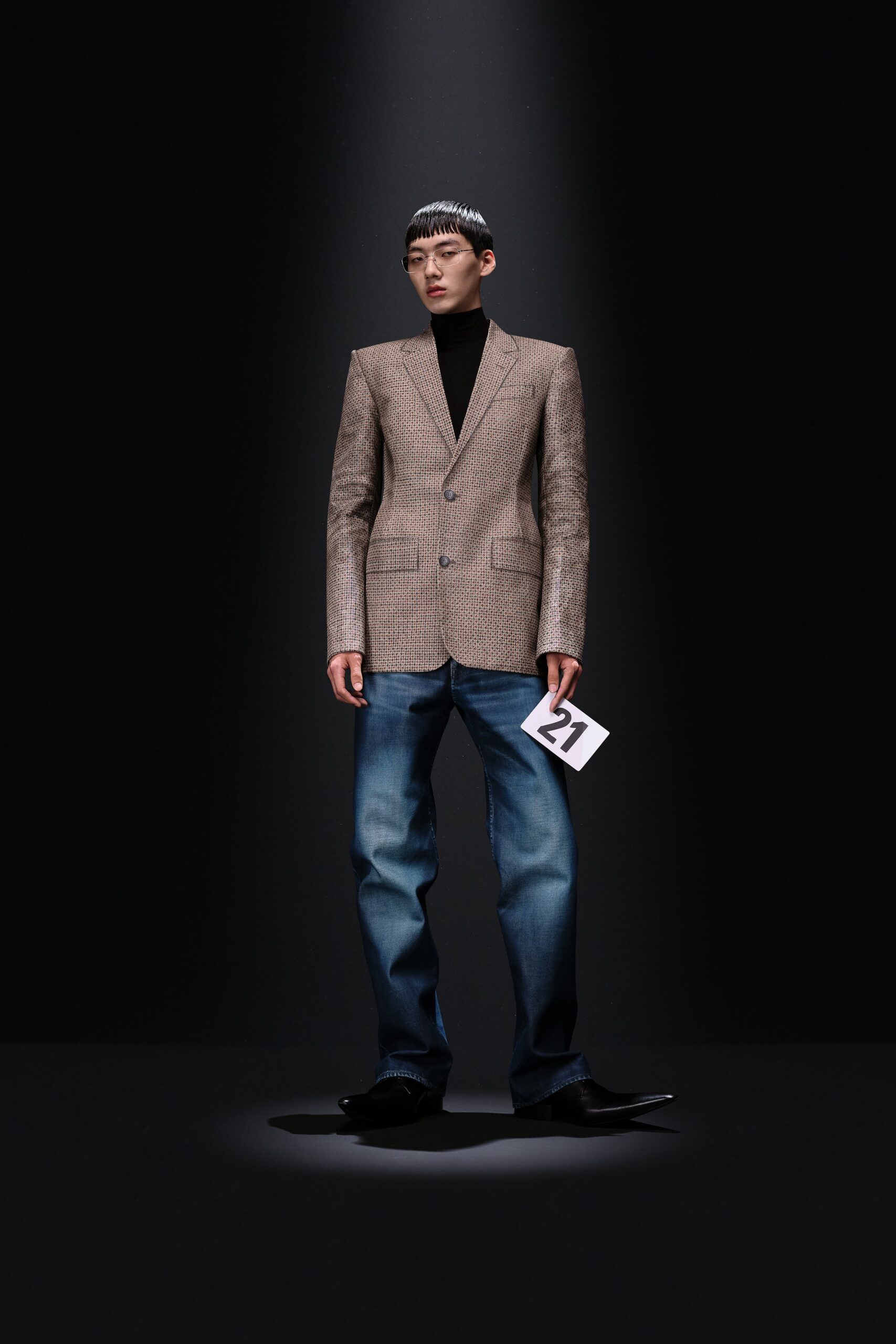 brown wool tailored blazer and blue denim pants