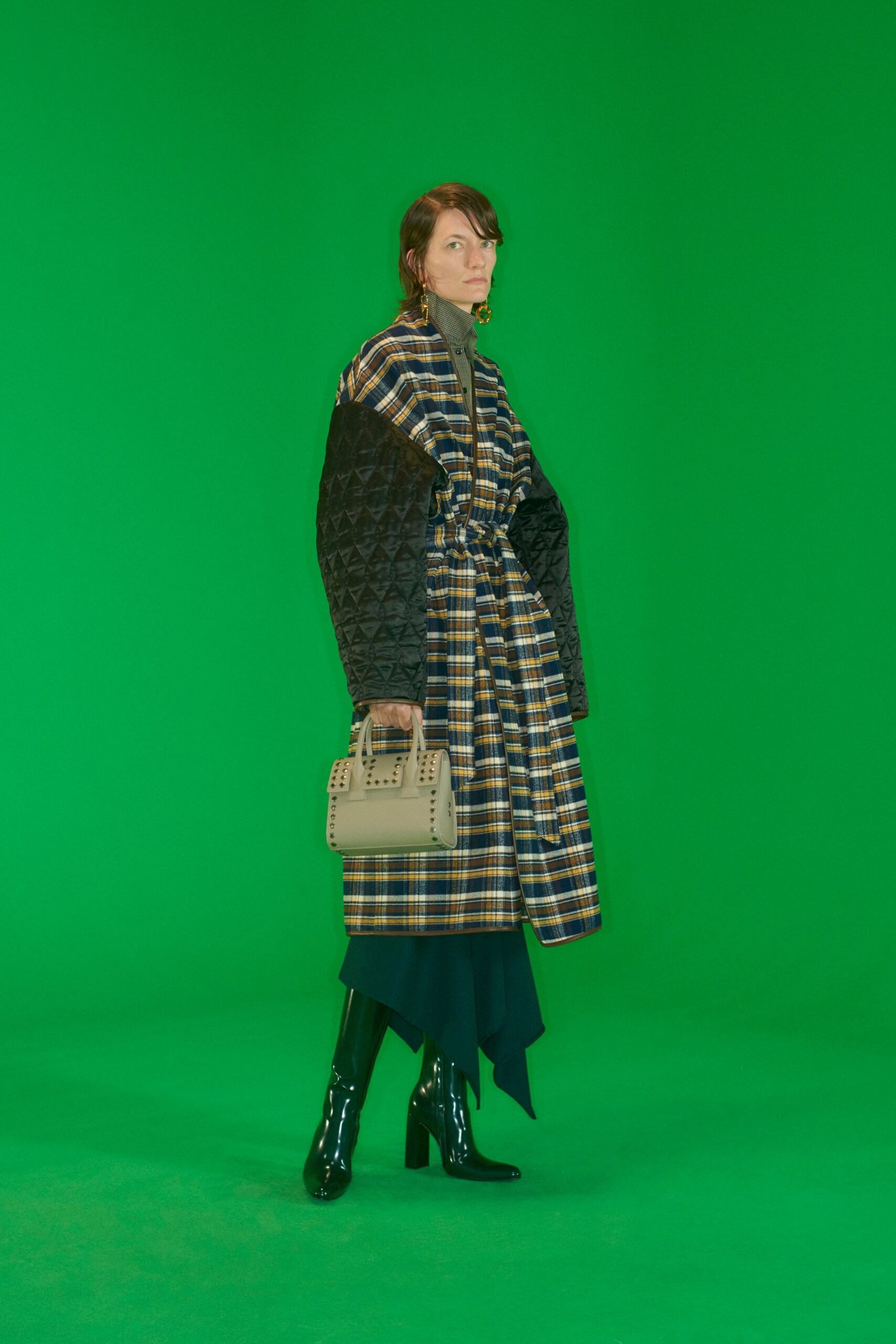 checked coat with fitted pants