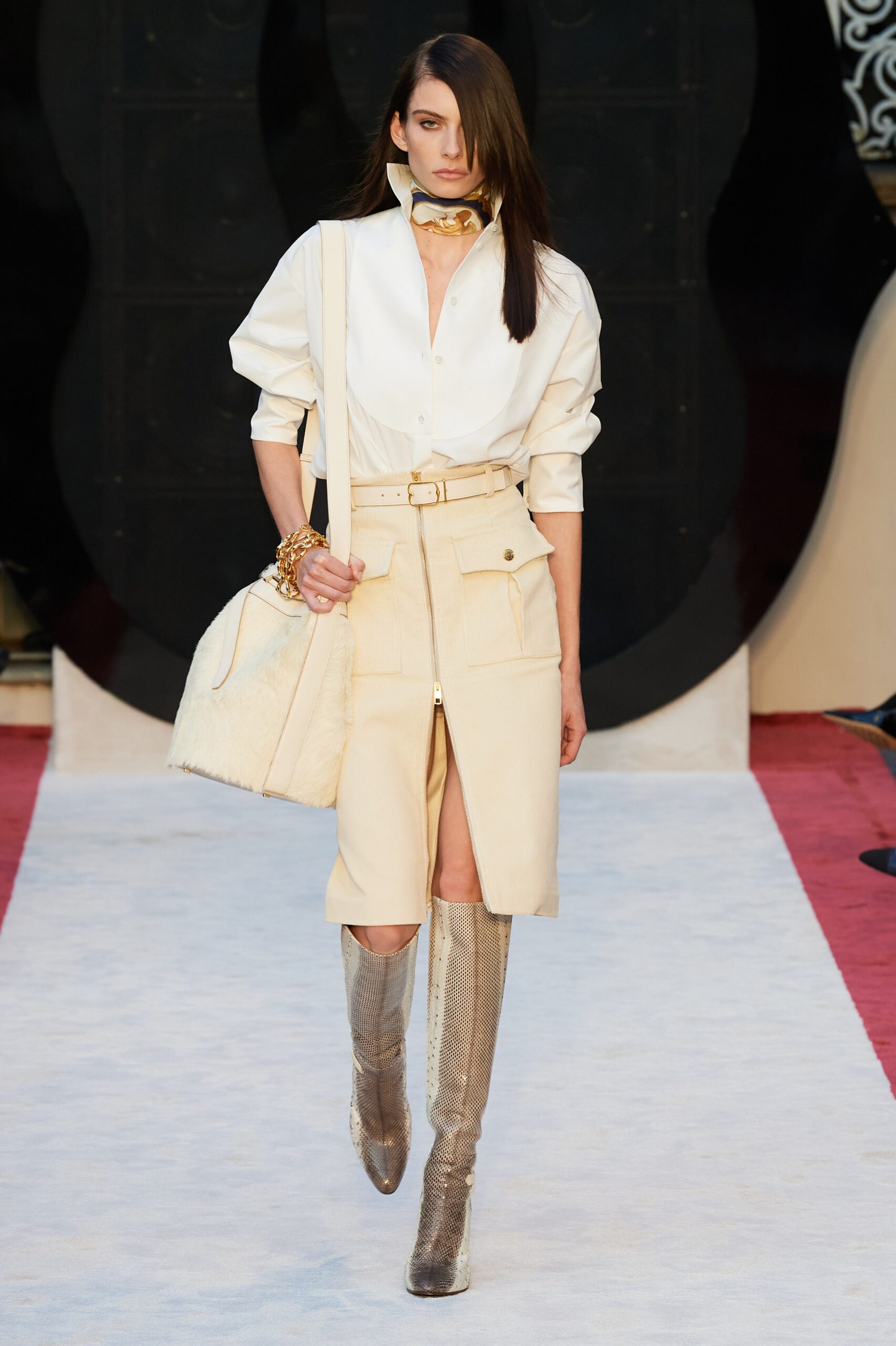 white cotton shirt with beige skirt