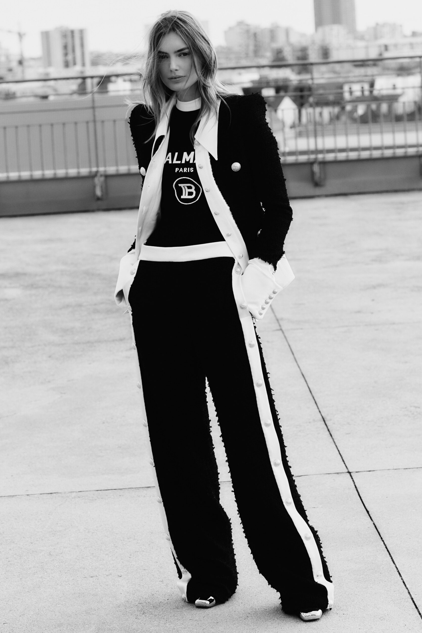 black tailored blazer with t-shirt and pants