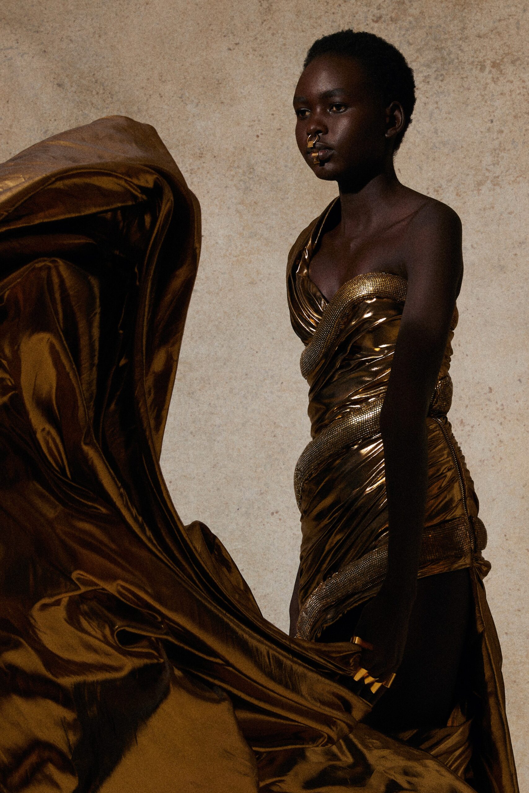 gold silk one-shoulder dress