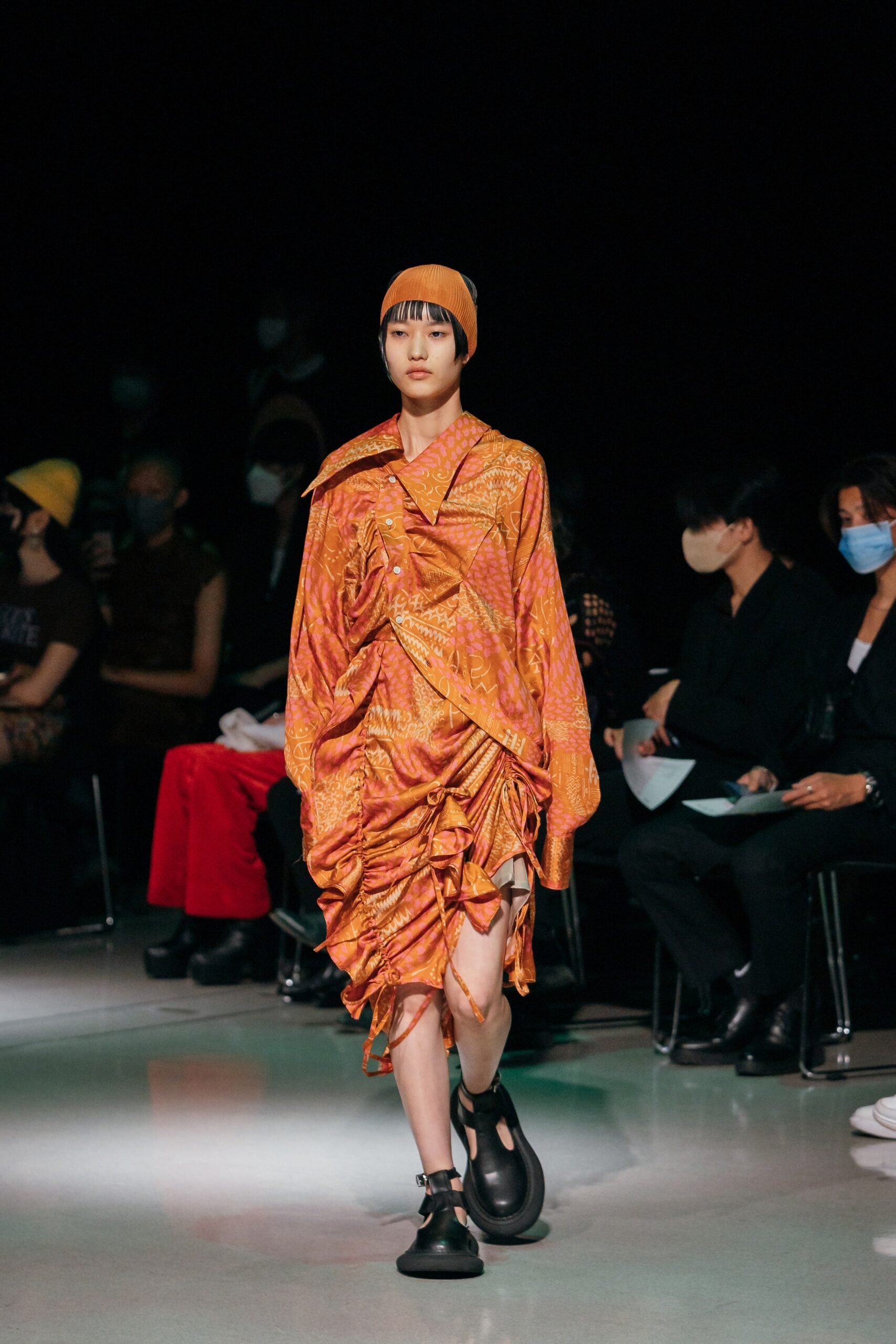 fitted orange silk ruched dress