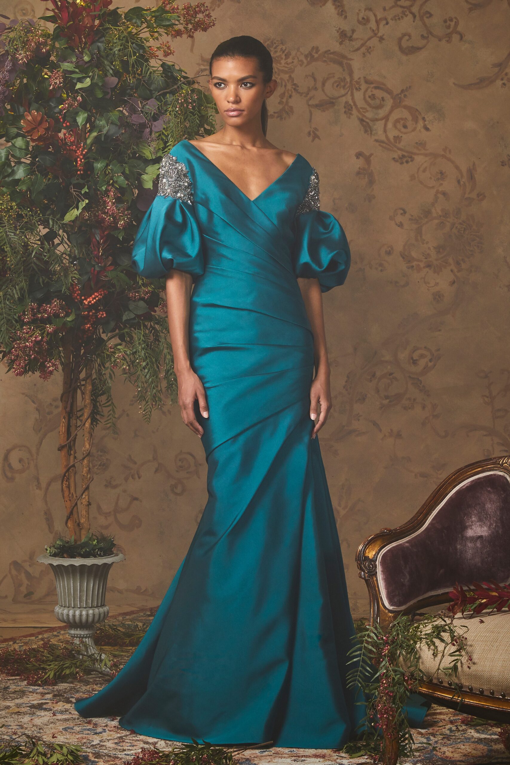 teal silk fitted gown