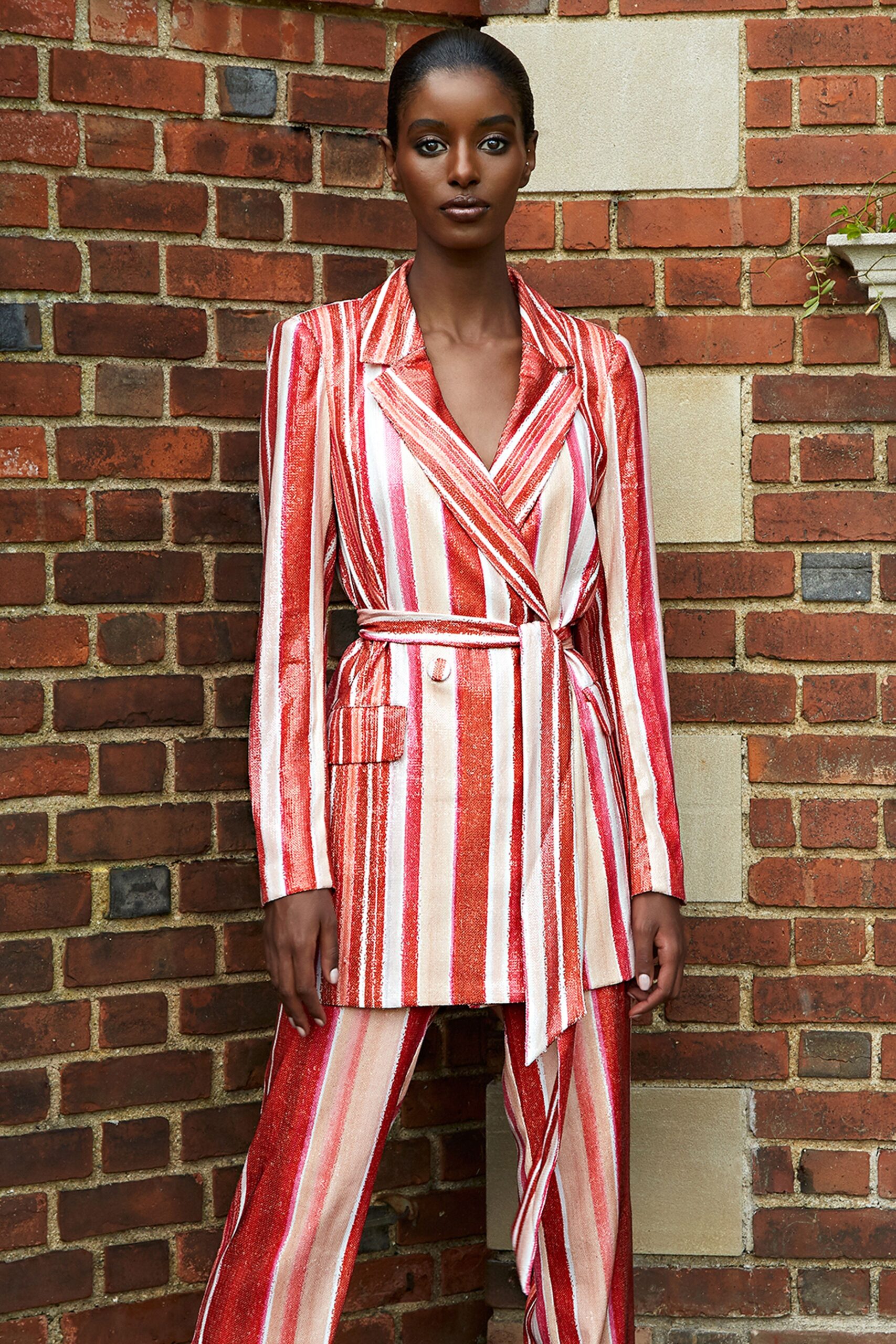 red and white striped blazer and pants