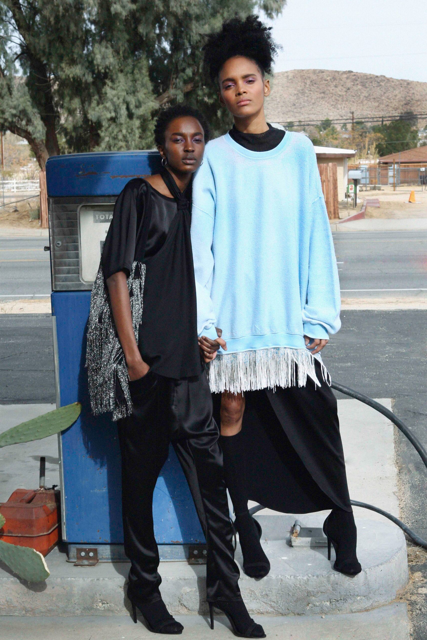 blue cotton long-sleeve high-neck oversized fringed cropped sweater
