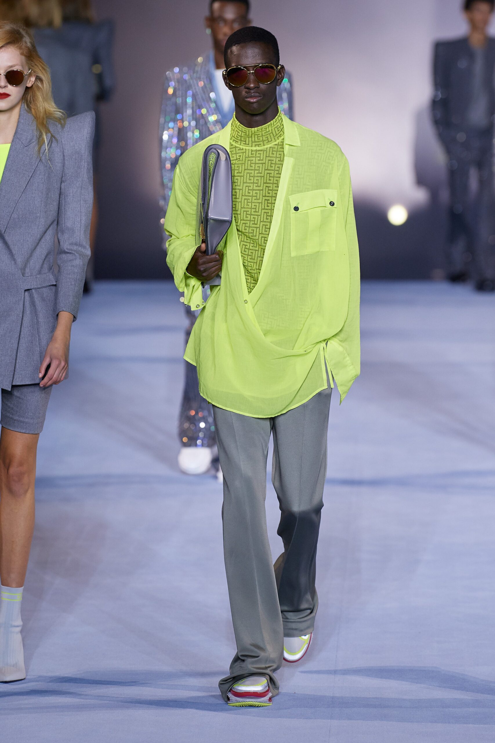 neon green relaxed shirt with gray pants