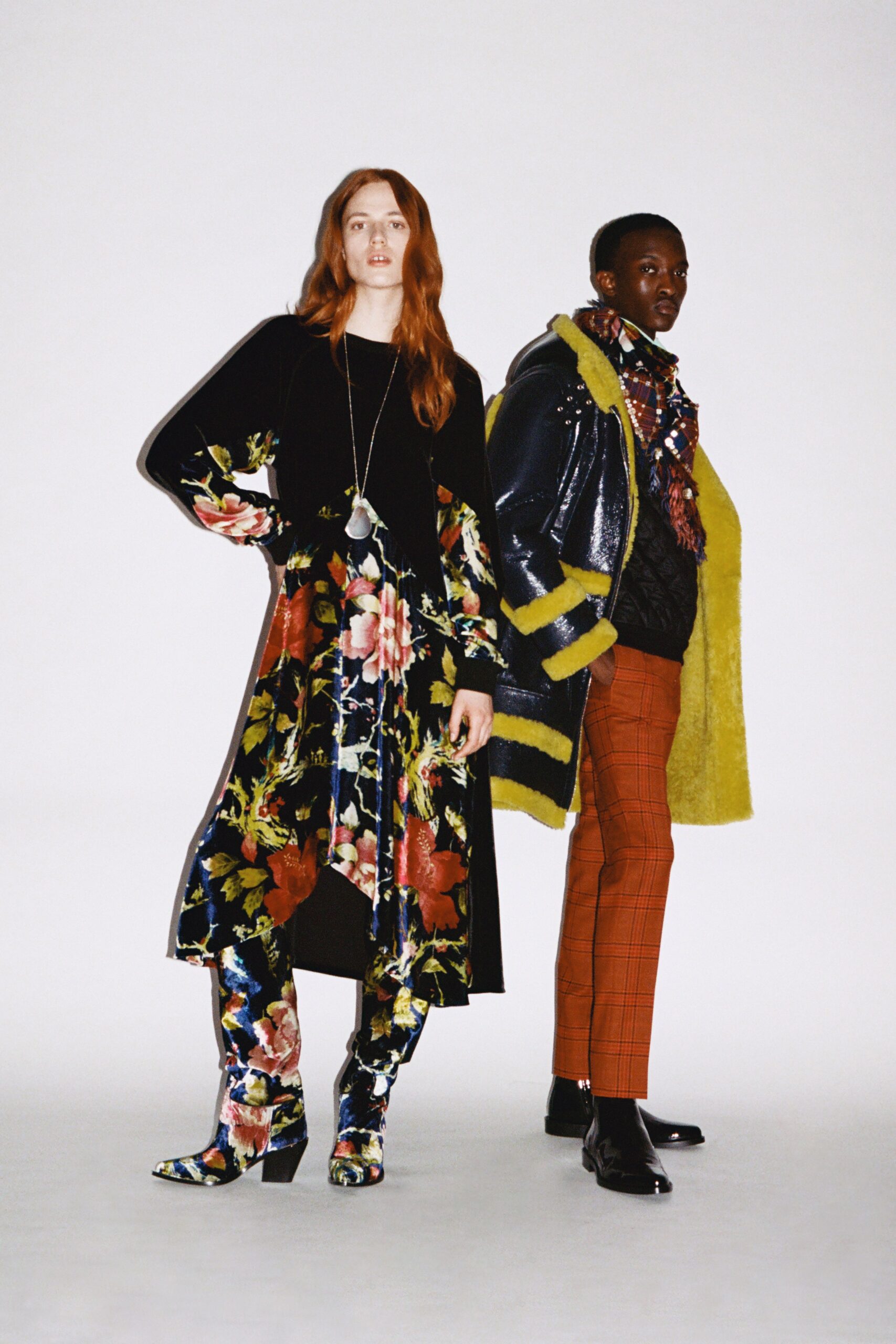 black floral midi dress with oversized coat