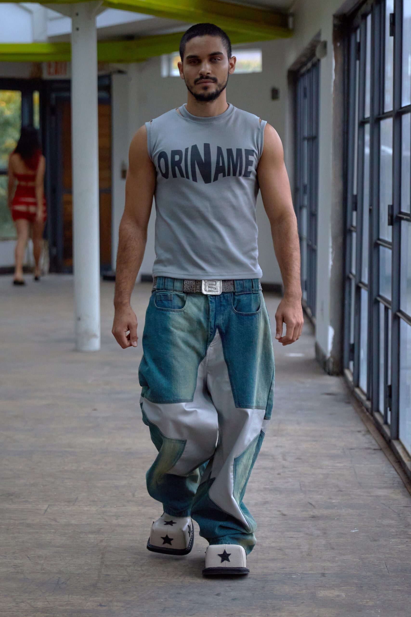 blue denim relaxed distressed wide-leg pants