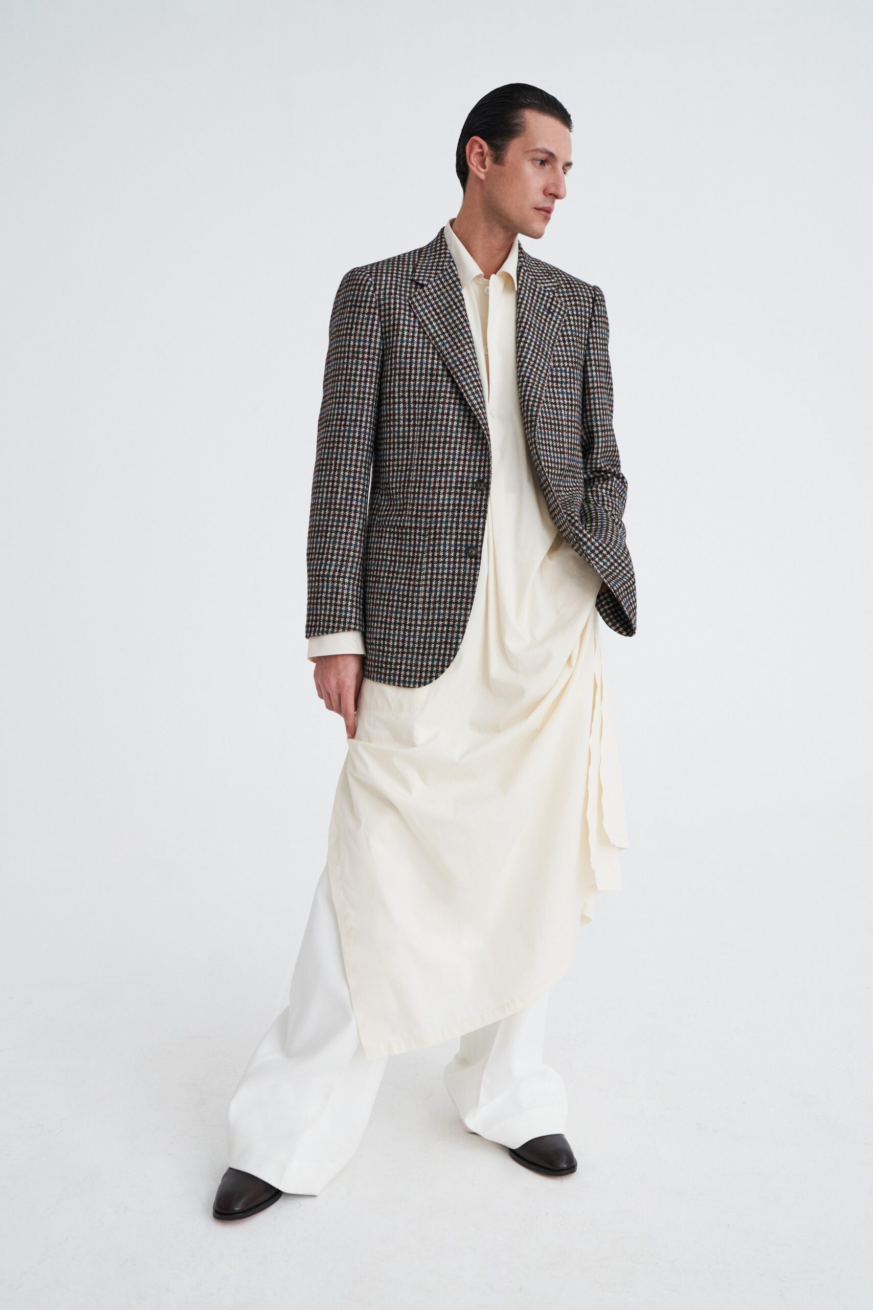 checked blazer and white dress