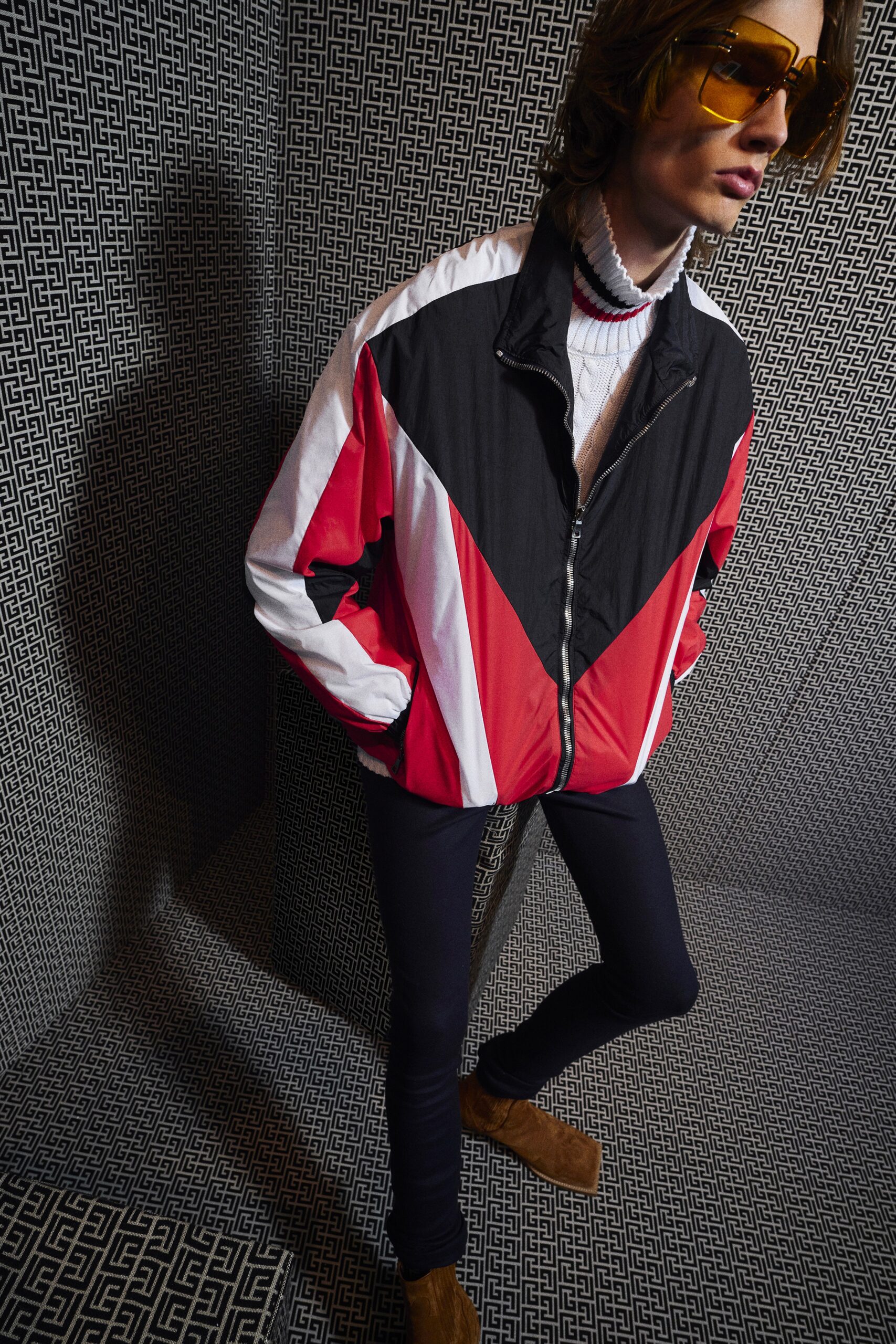 color-blocked jacket with fitted pants