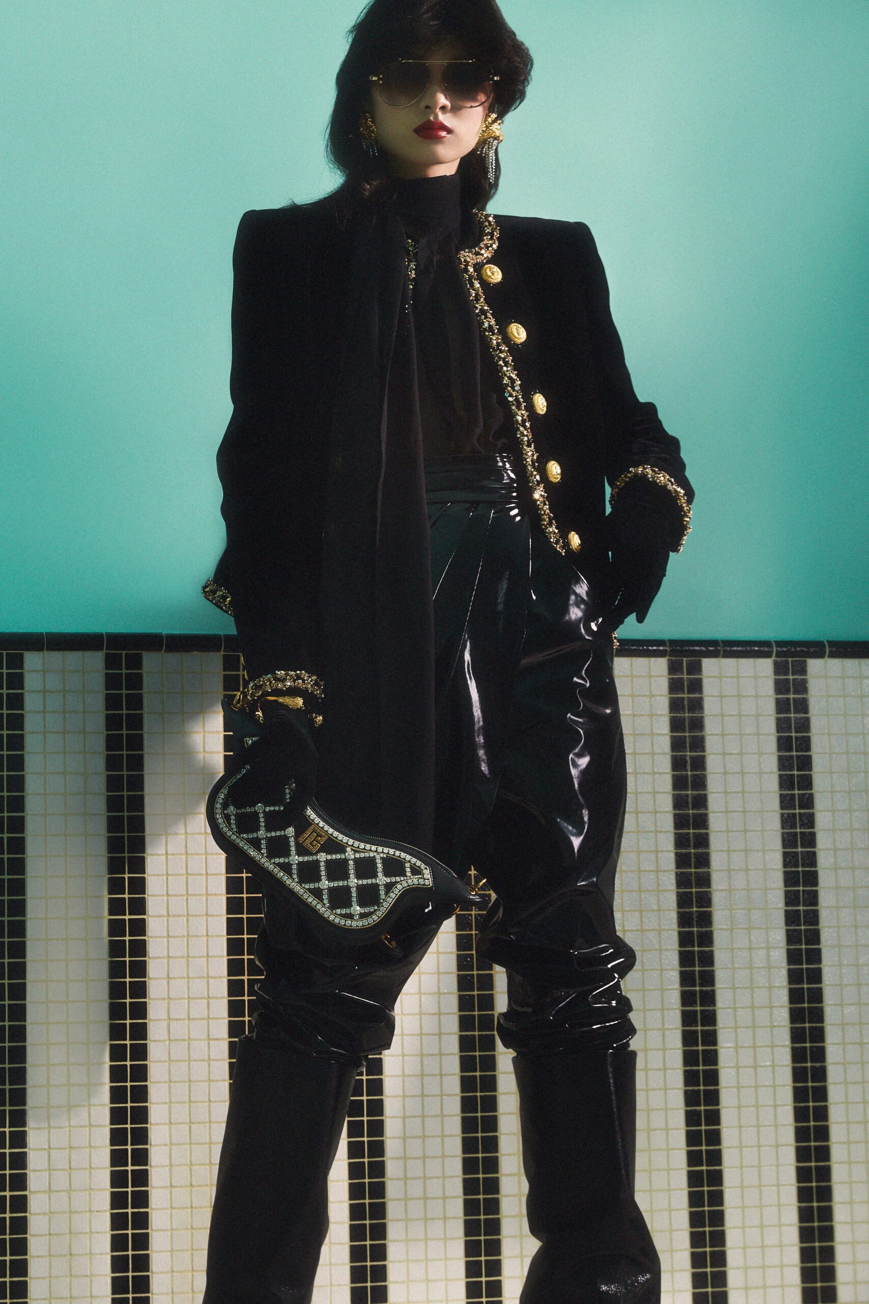 black velvet fitted jacket with vinyl pants