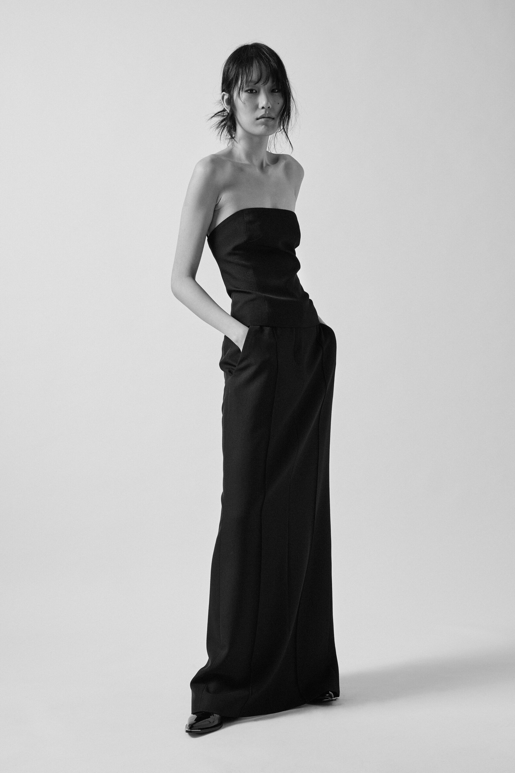 black silk strapless gown