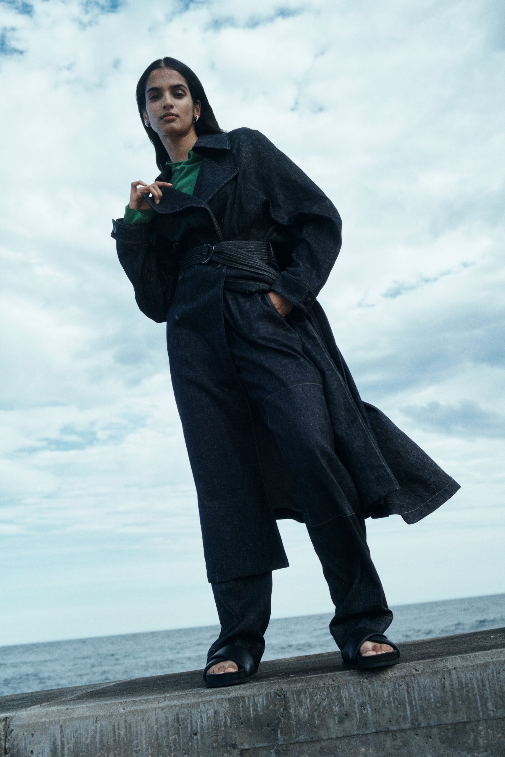 black denim coat and pants