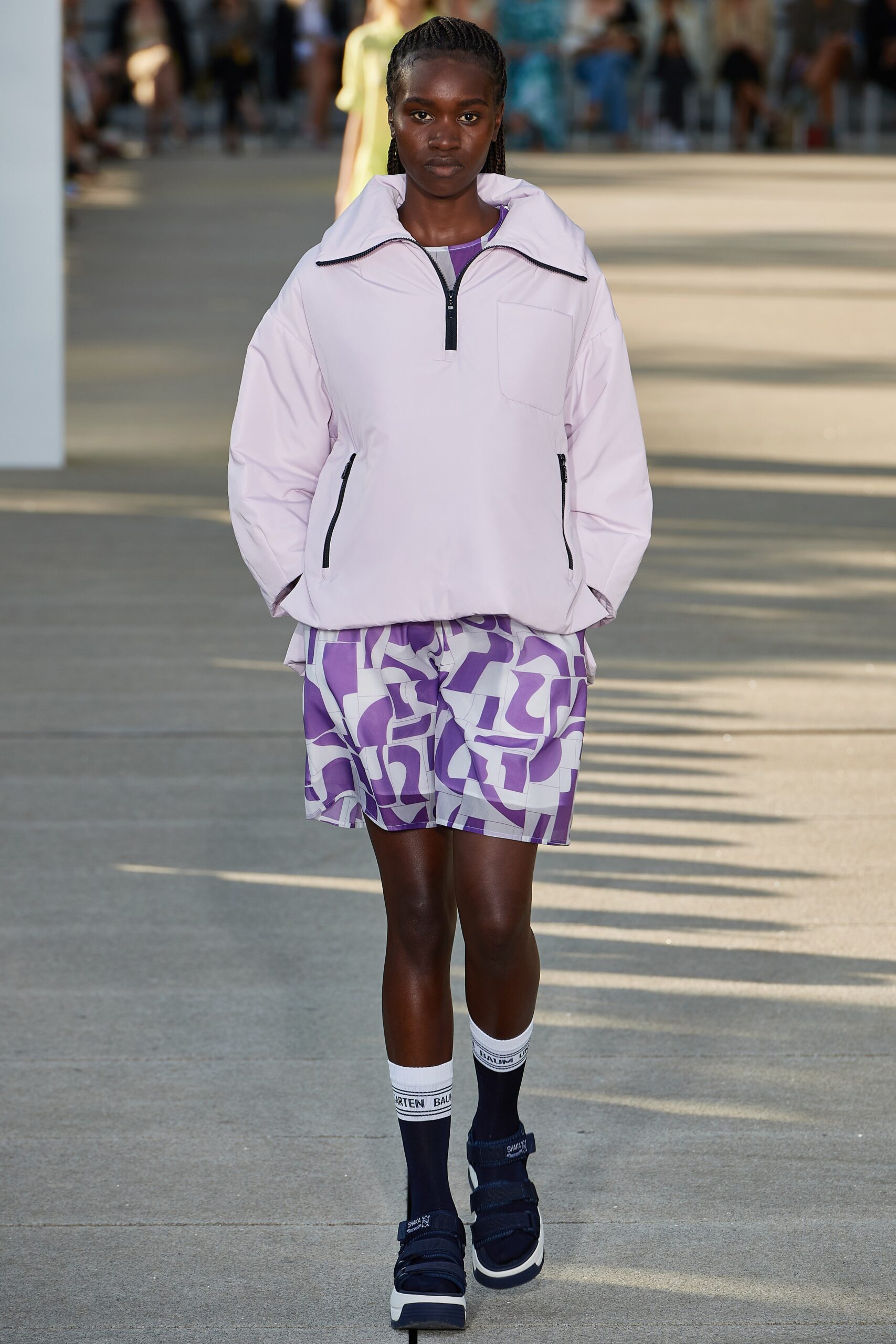 pink relaxed jacket with purple skirt