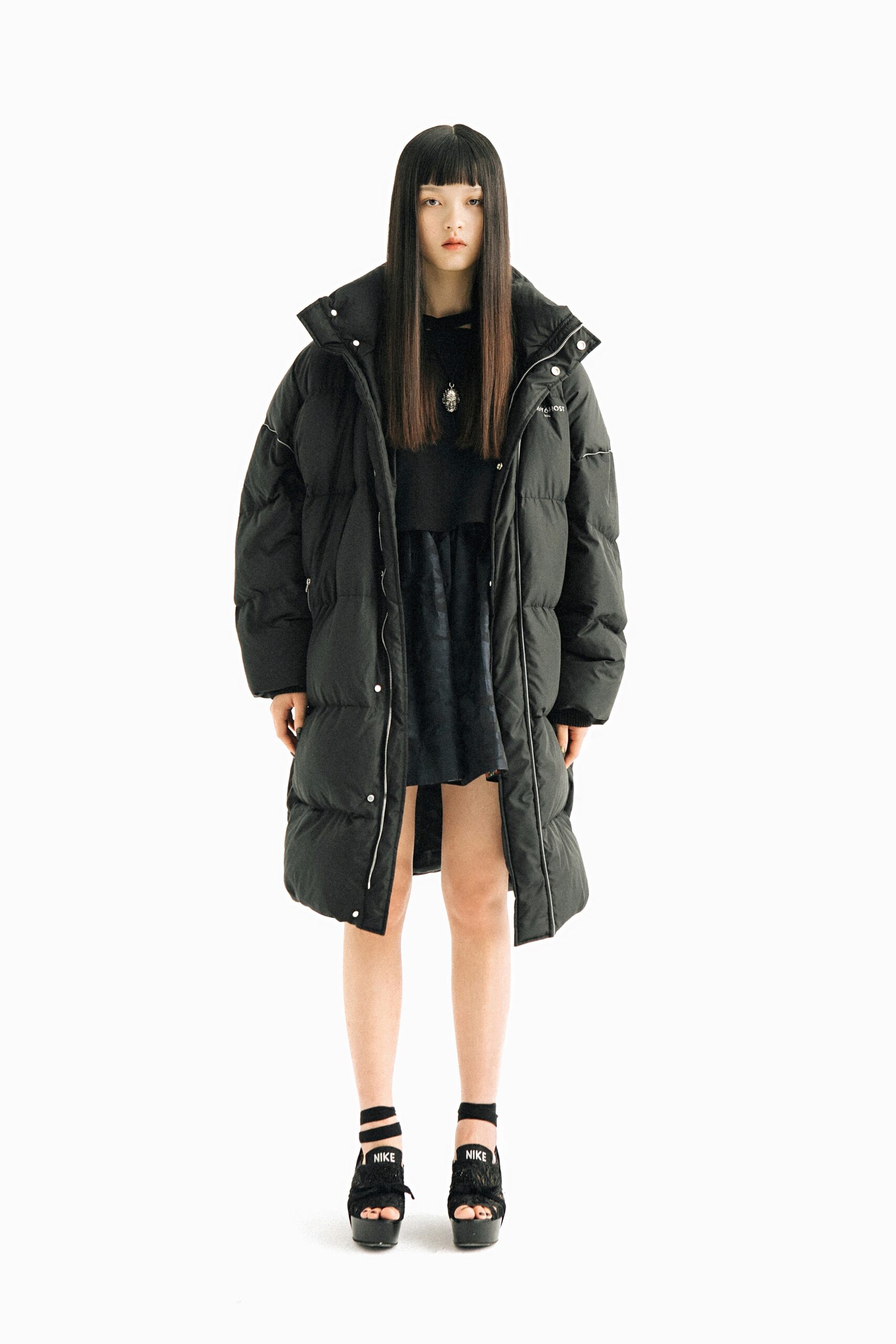 black oversized coat with mini skirt