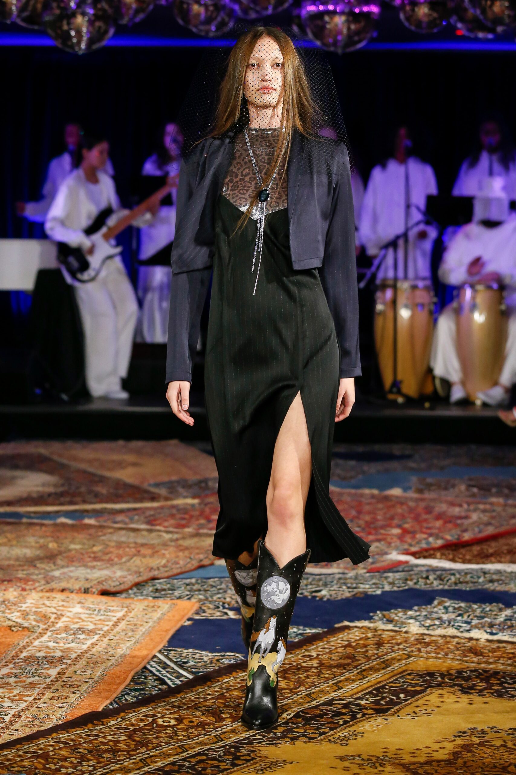 black silk midi dress with tailored jacket