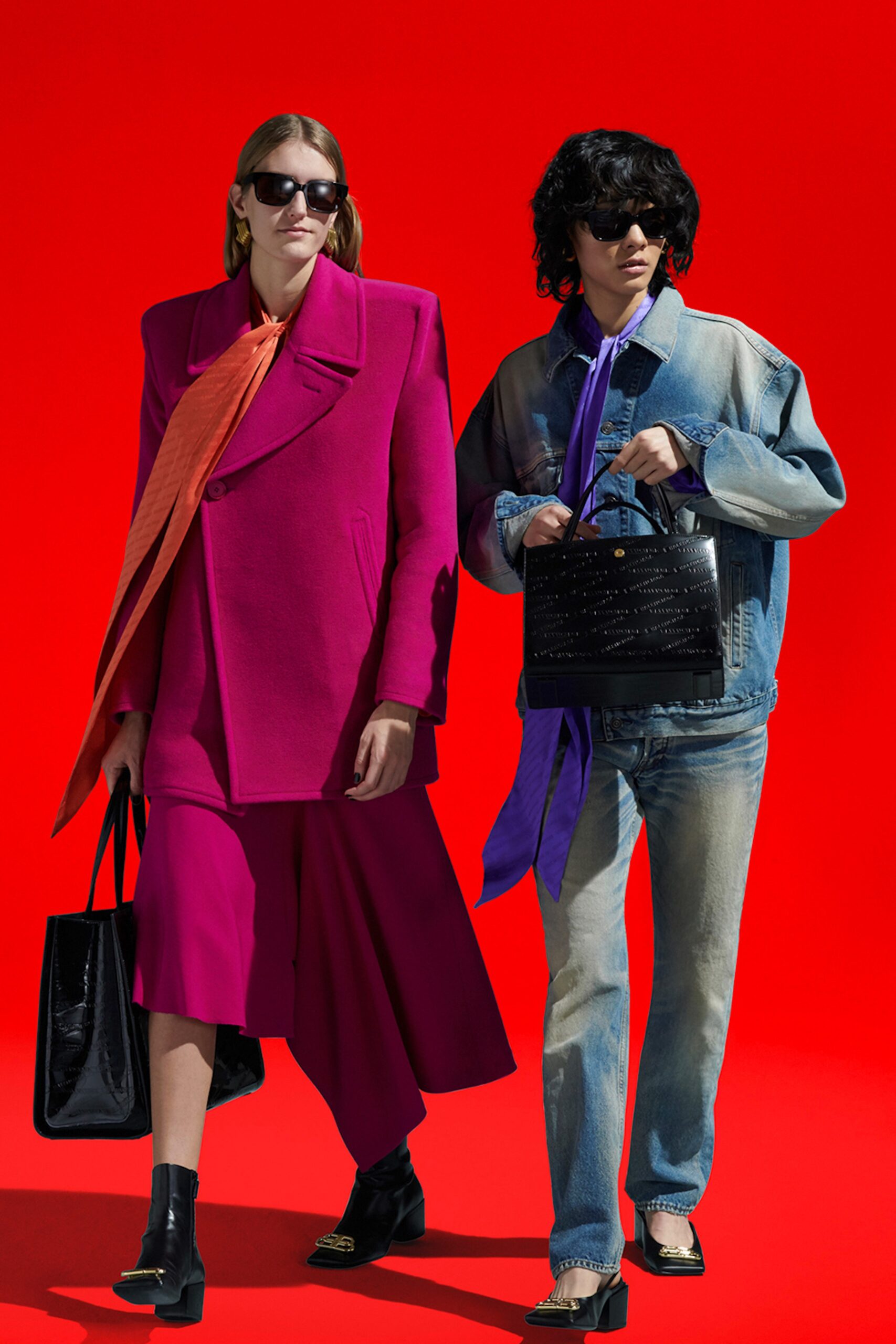 pink wool oversized coat and purple skirt