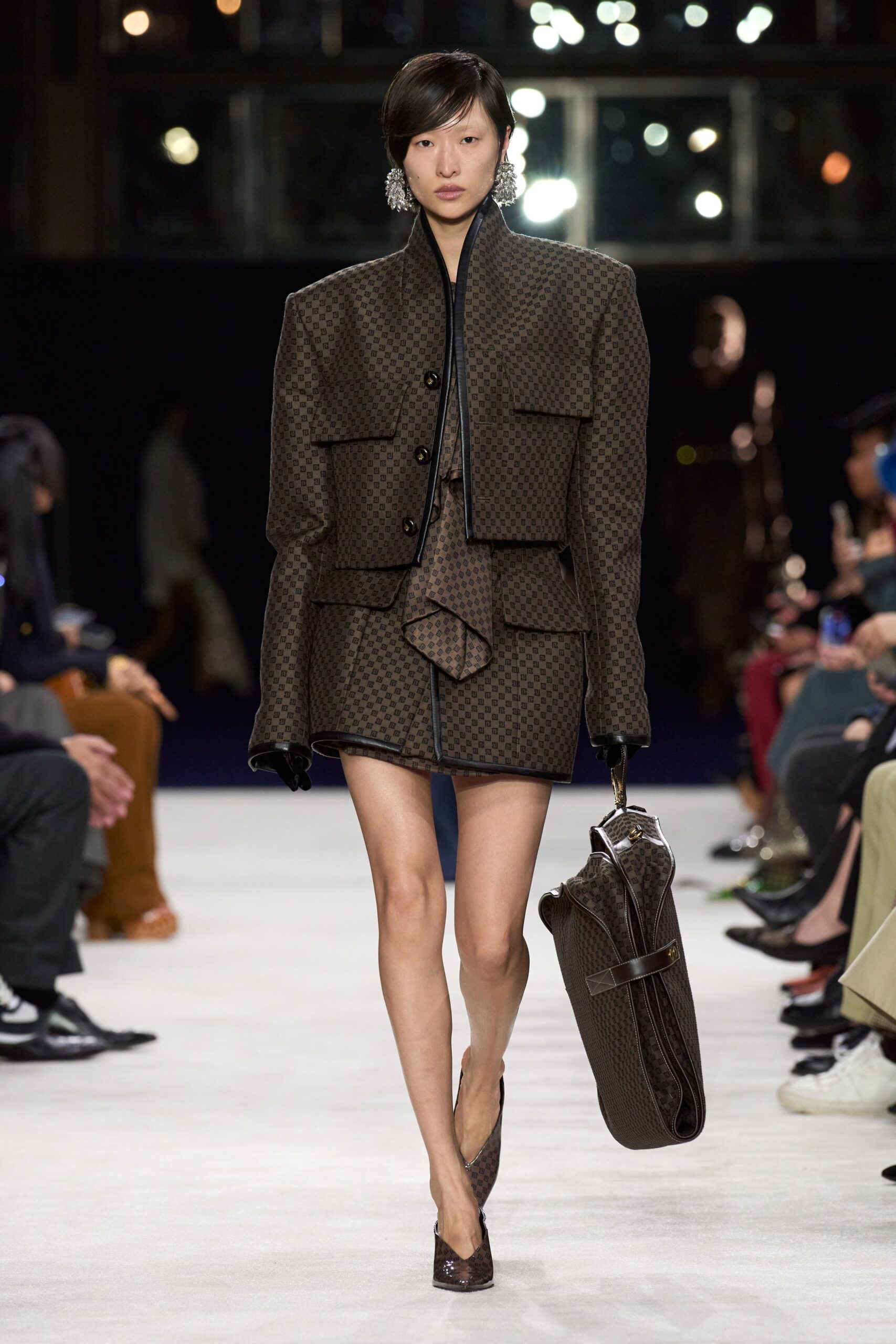 brown structured blazer and mini skirt