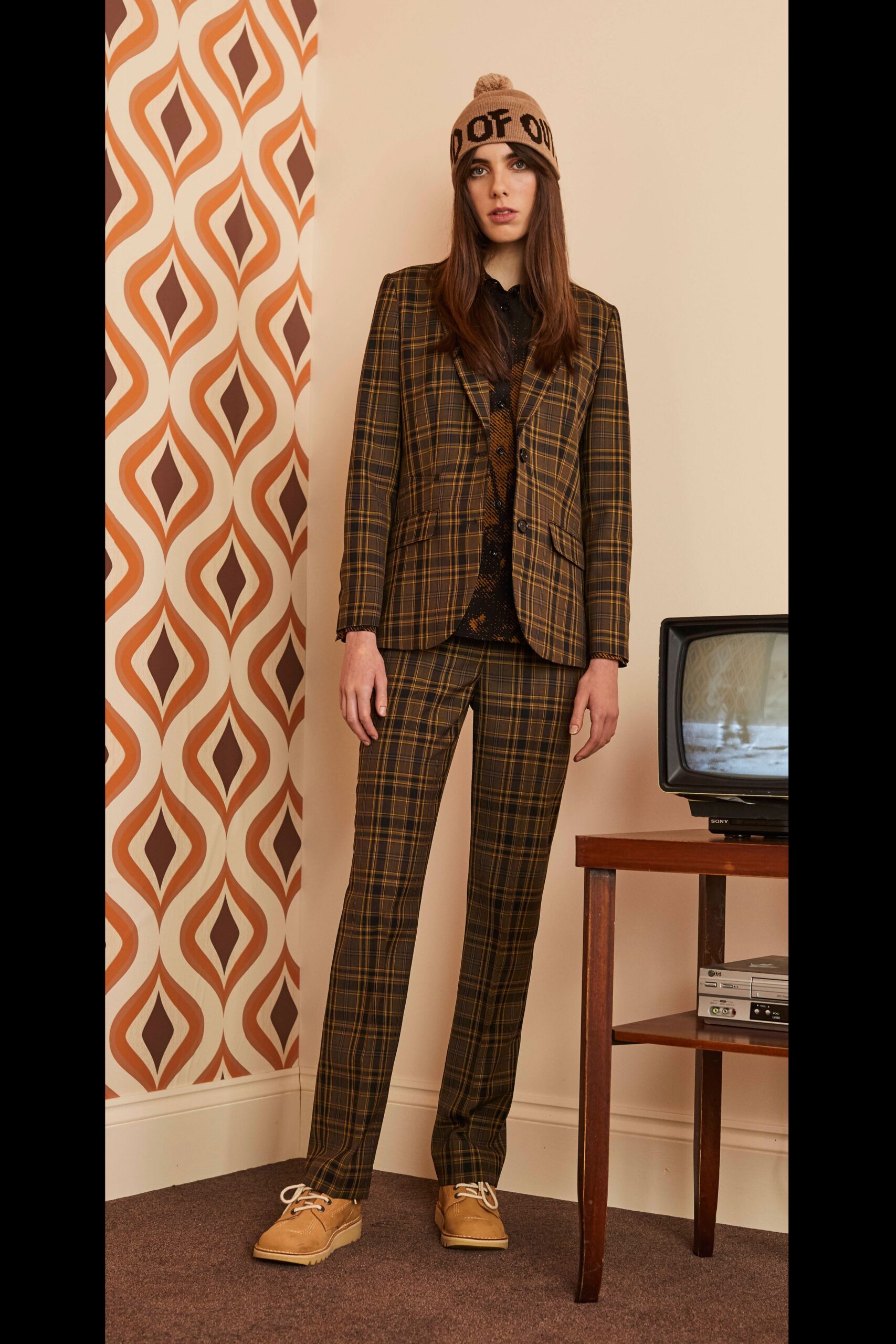 brown checked tailored suit