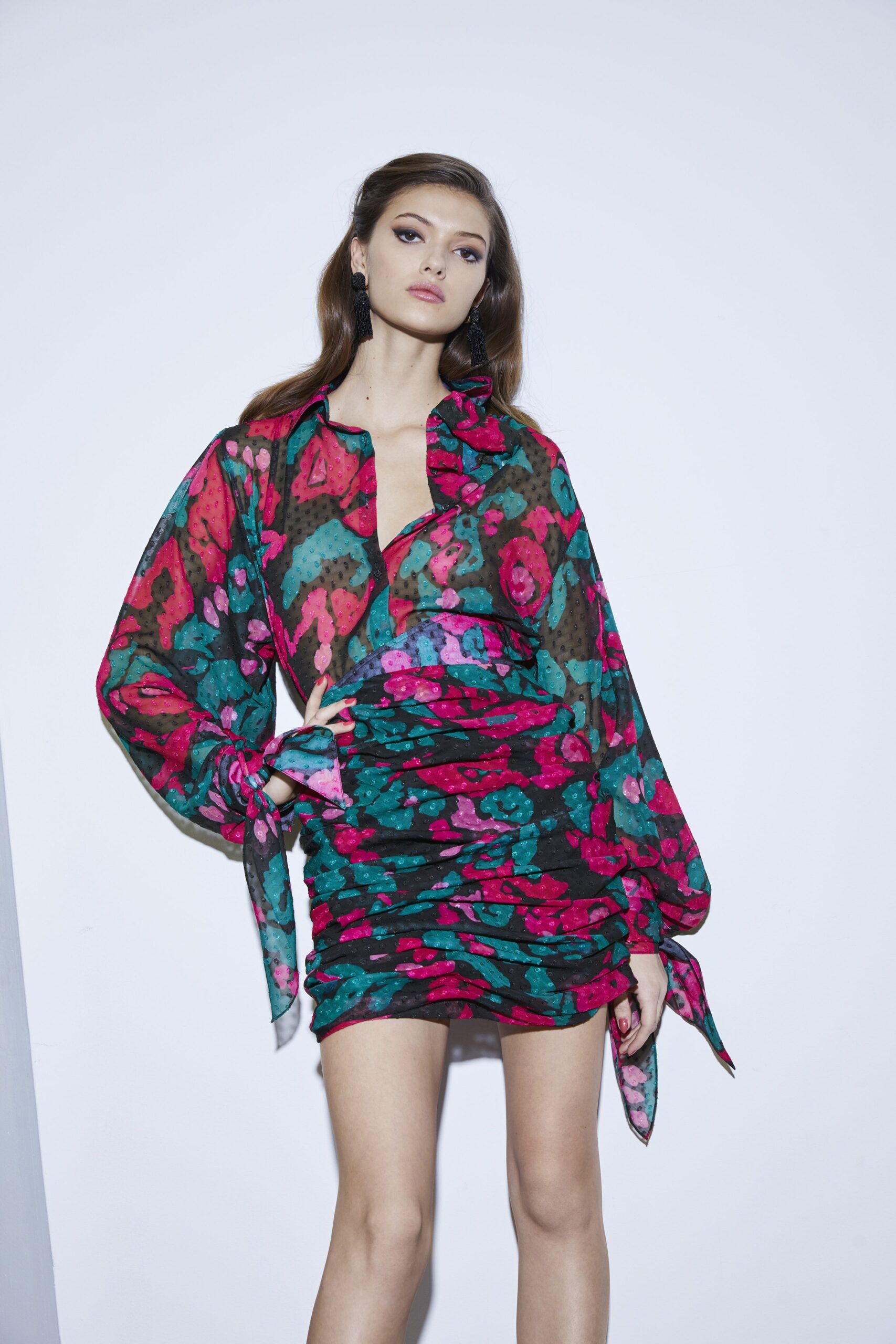 floral ruched mini dress