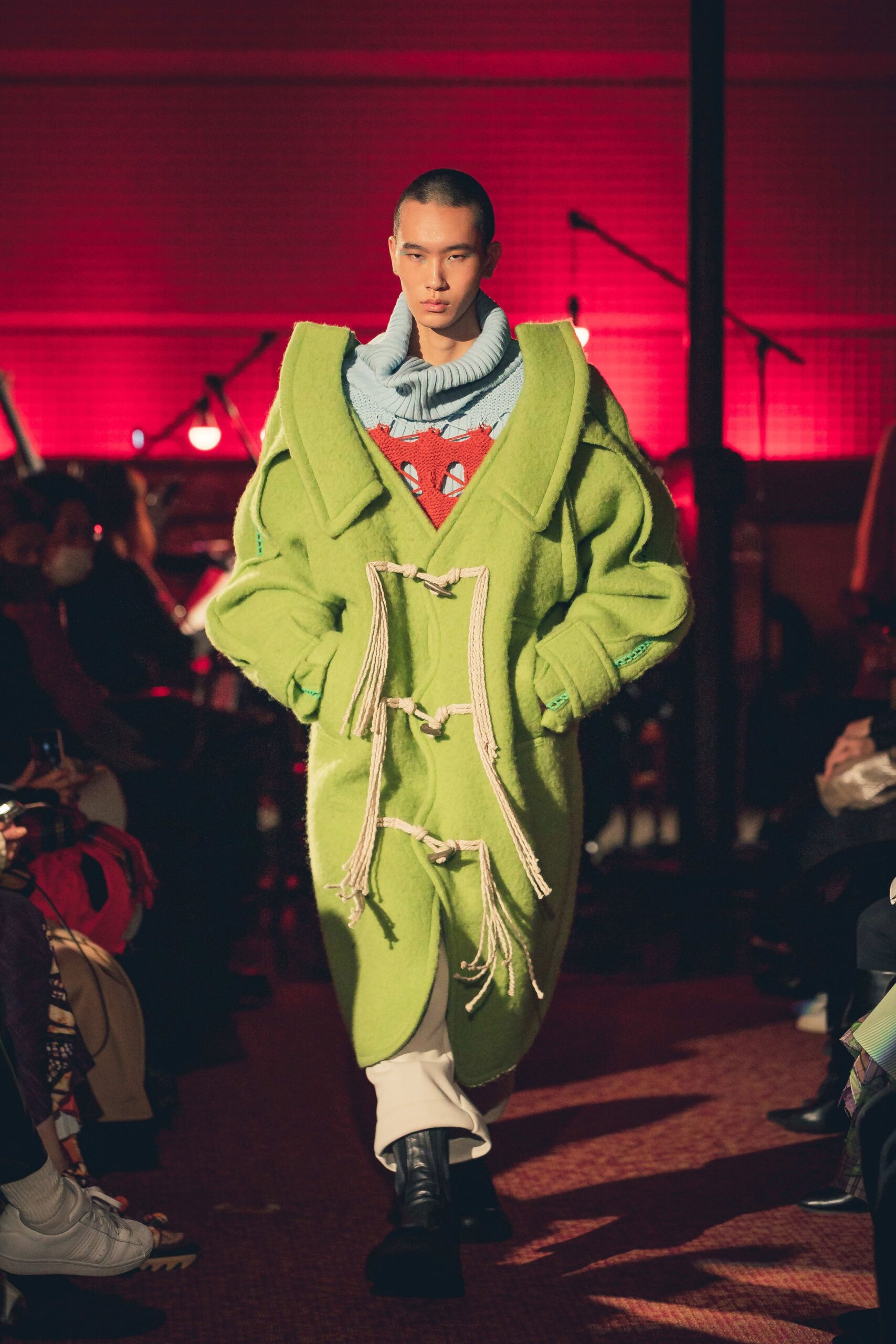 oversized green wool coat with blue sweater