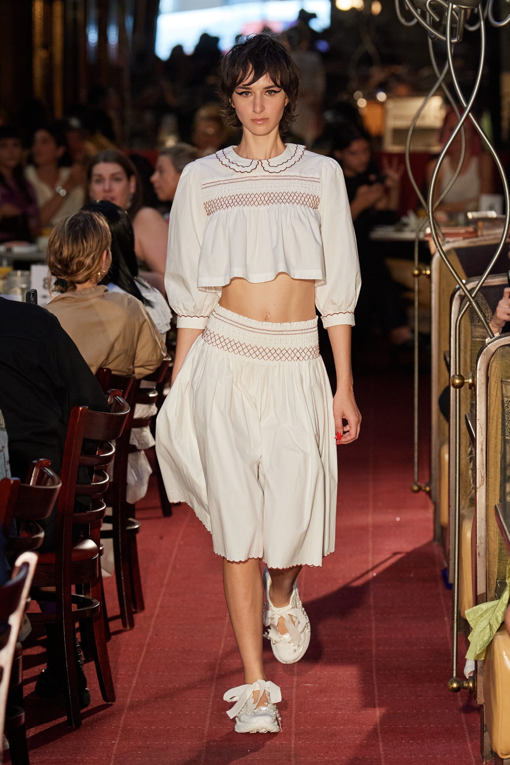 white fitted top and midi skirt