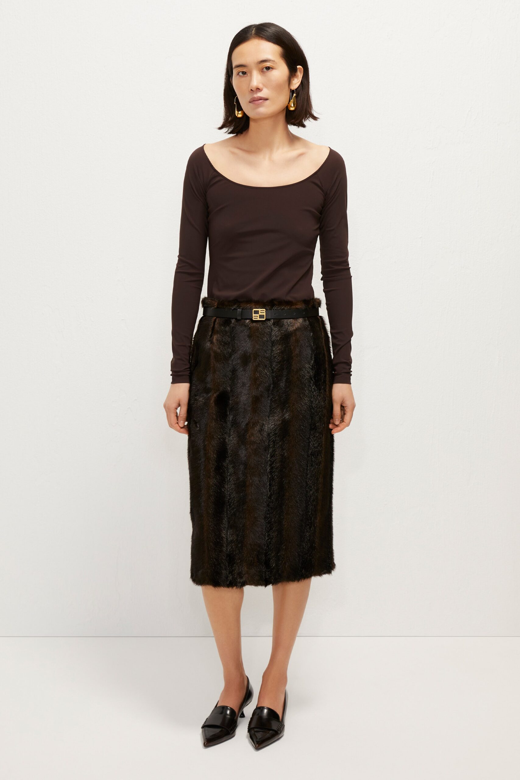 black fur fitted straight-leg skirt