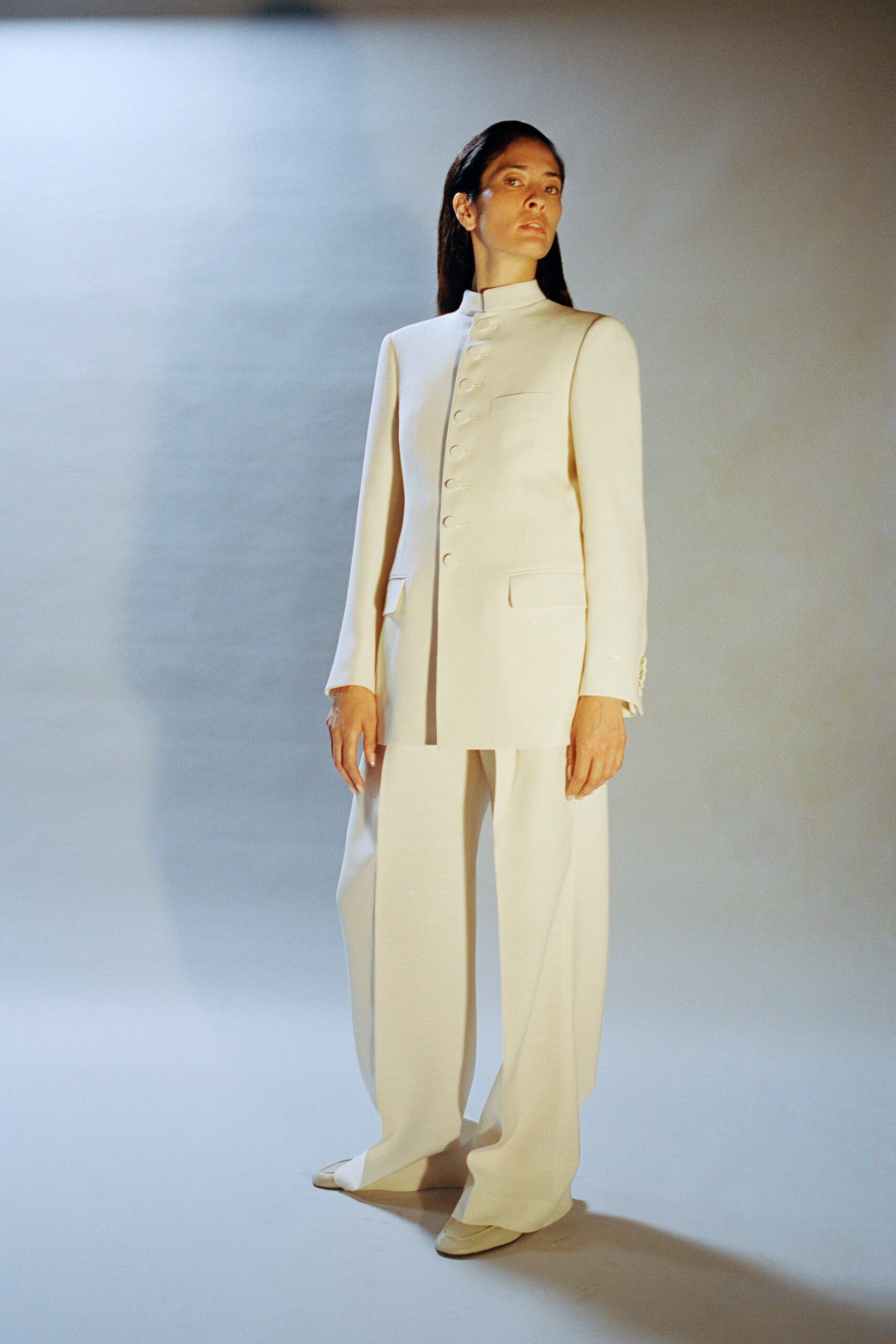 white tailored suit with wide-leg pants