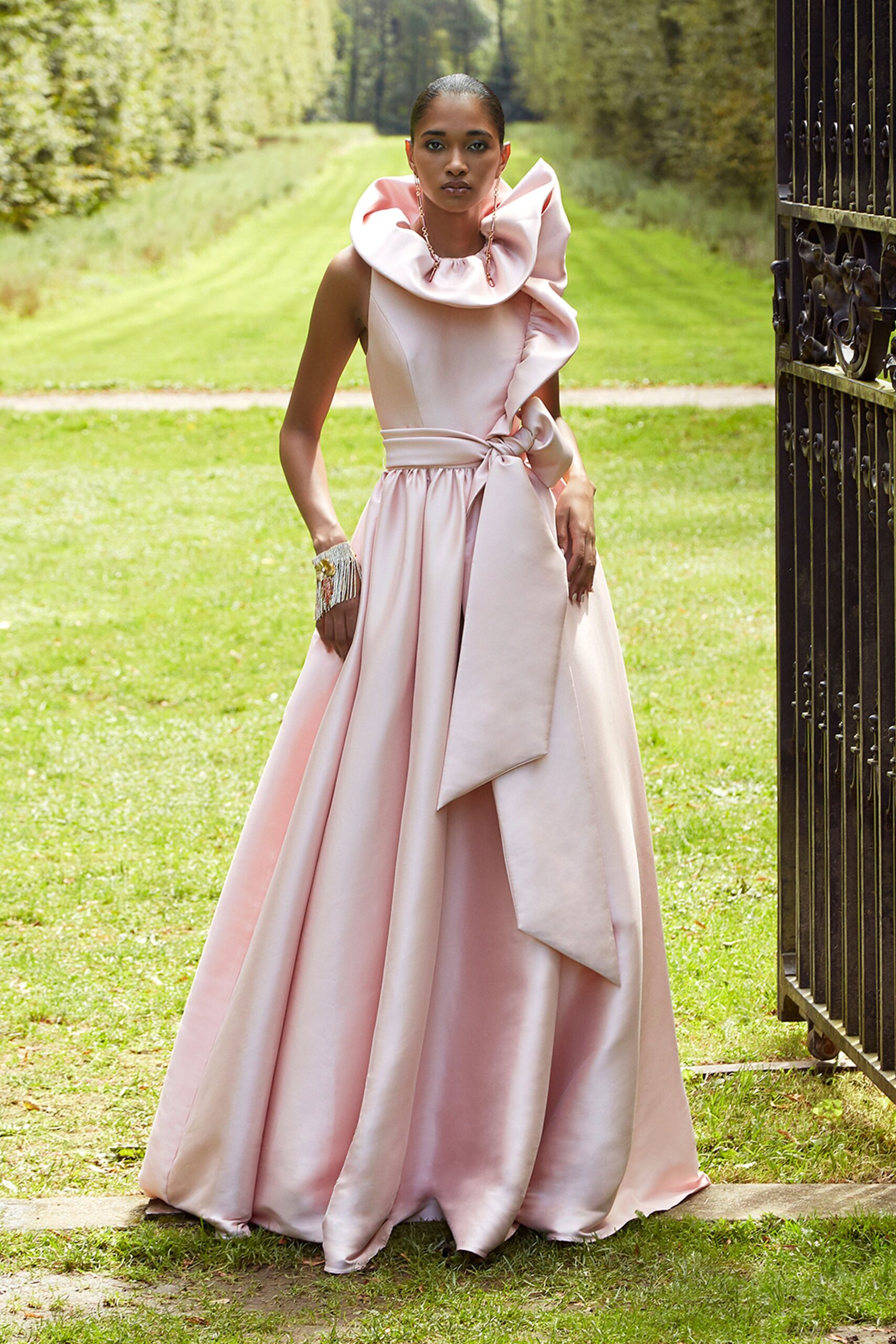 pink silk ruffled gown