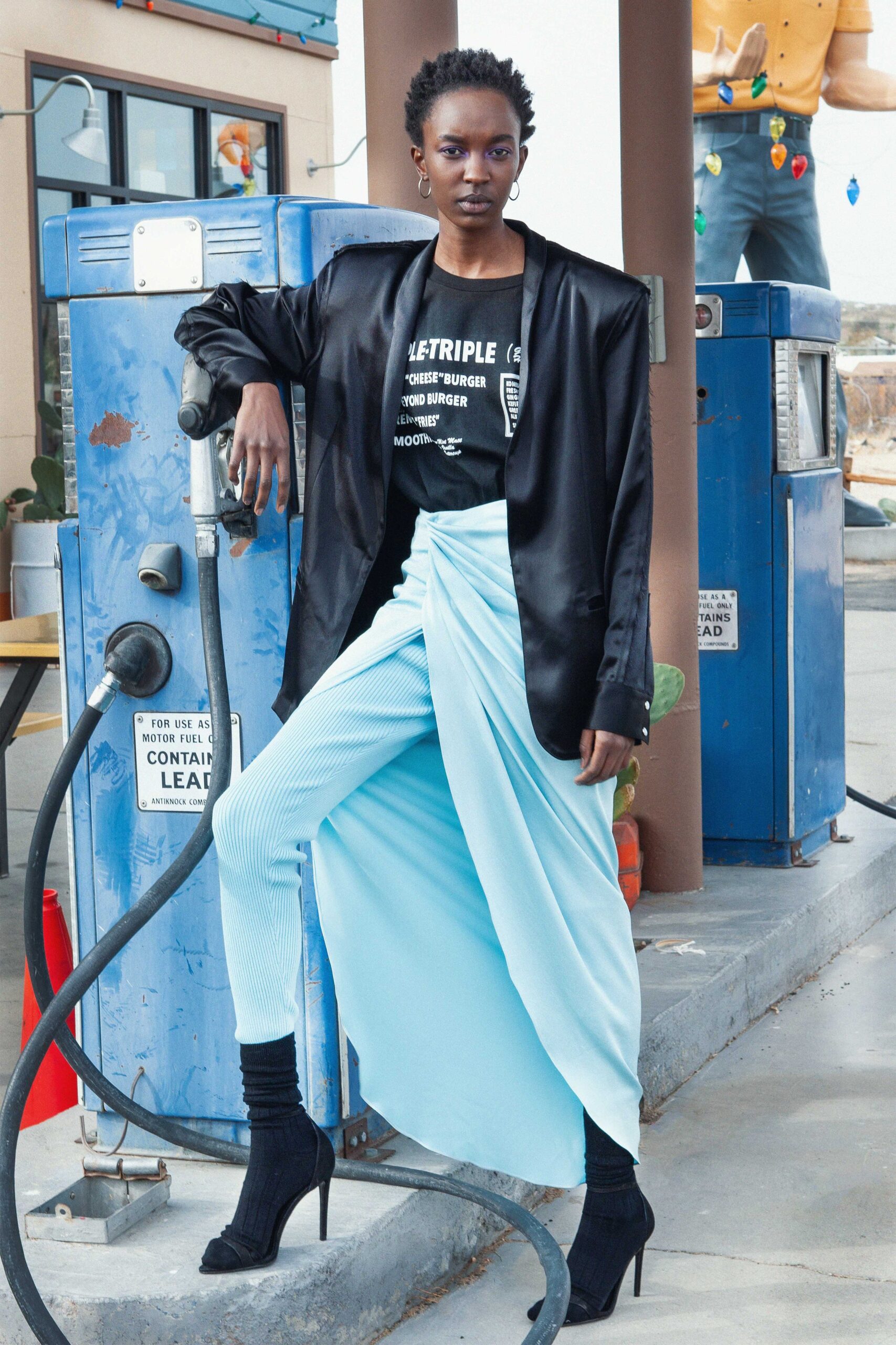 black silk blazer with blue skirt