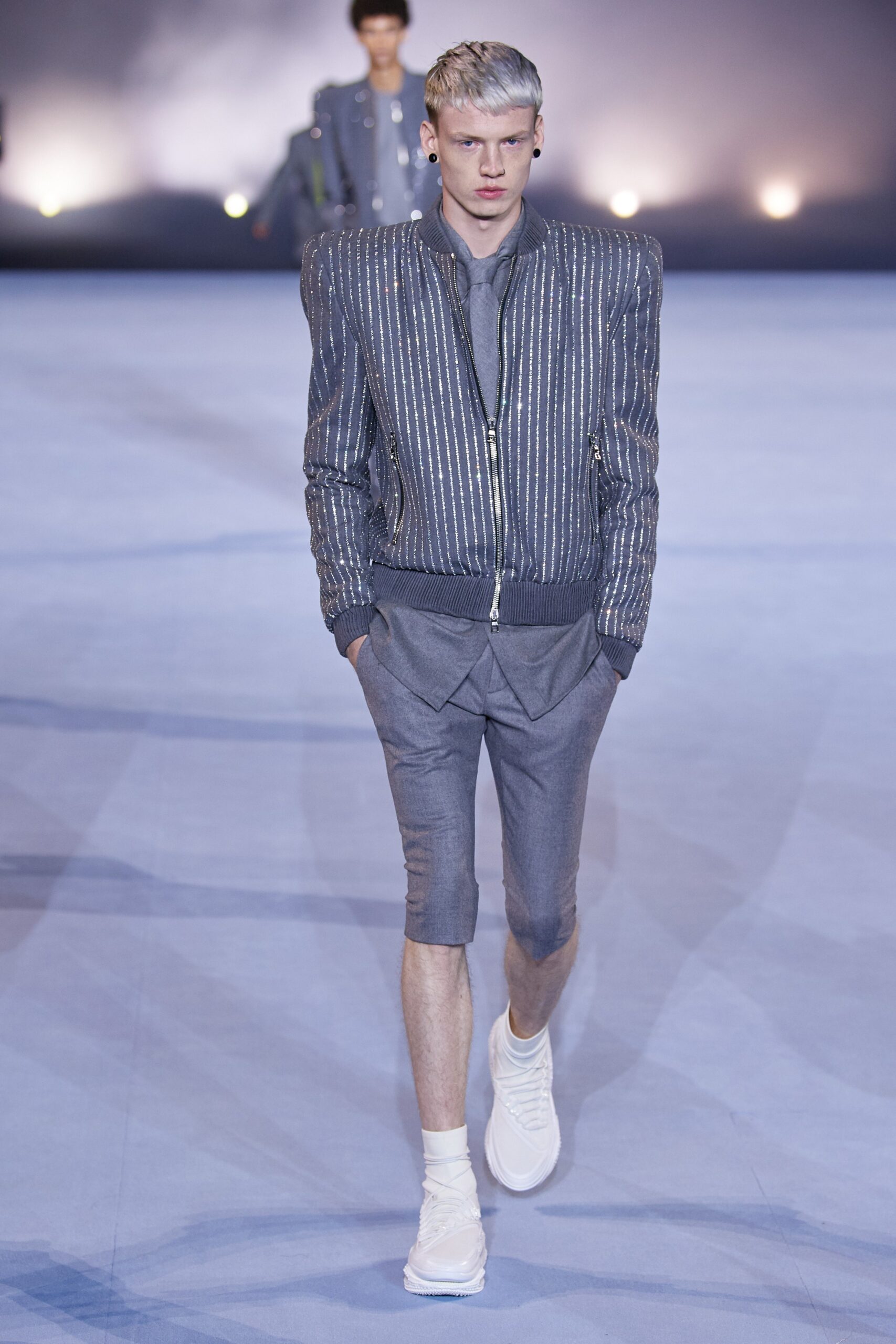 fitted gray silk jacket and shorts